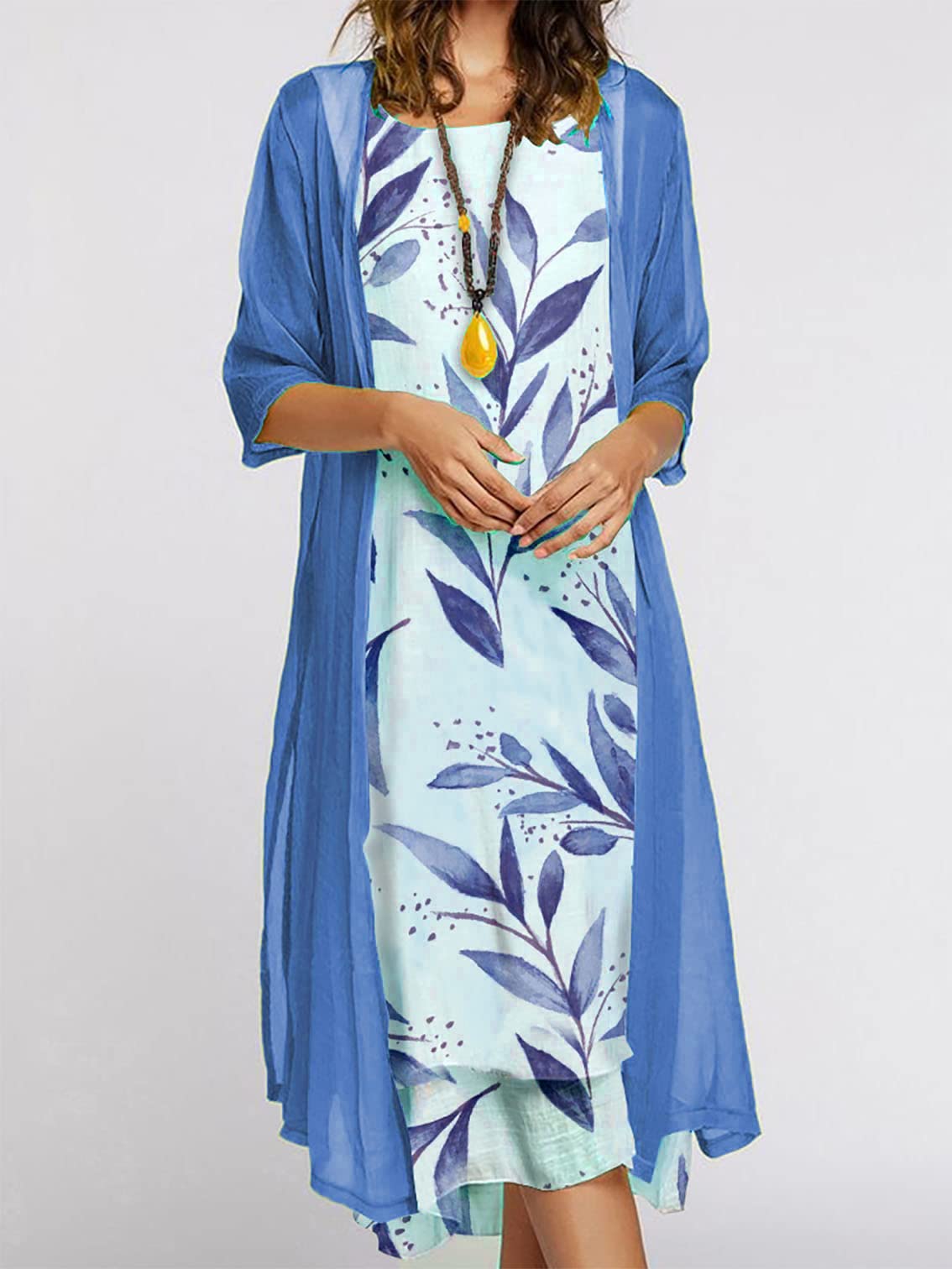 Women's Flowy Floral Print Midi Dress with Sleeveless Cardigan - Plus Size Chiffon Two Piece Set for Wedding Guest, Garden Party & Summer Occasions
