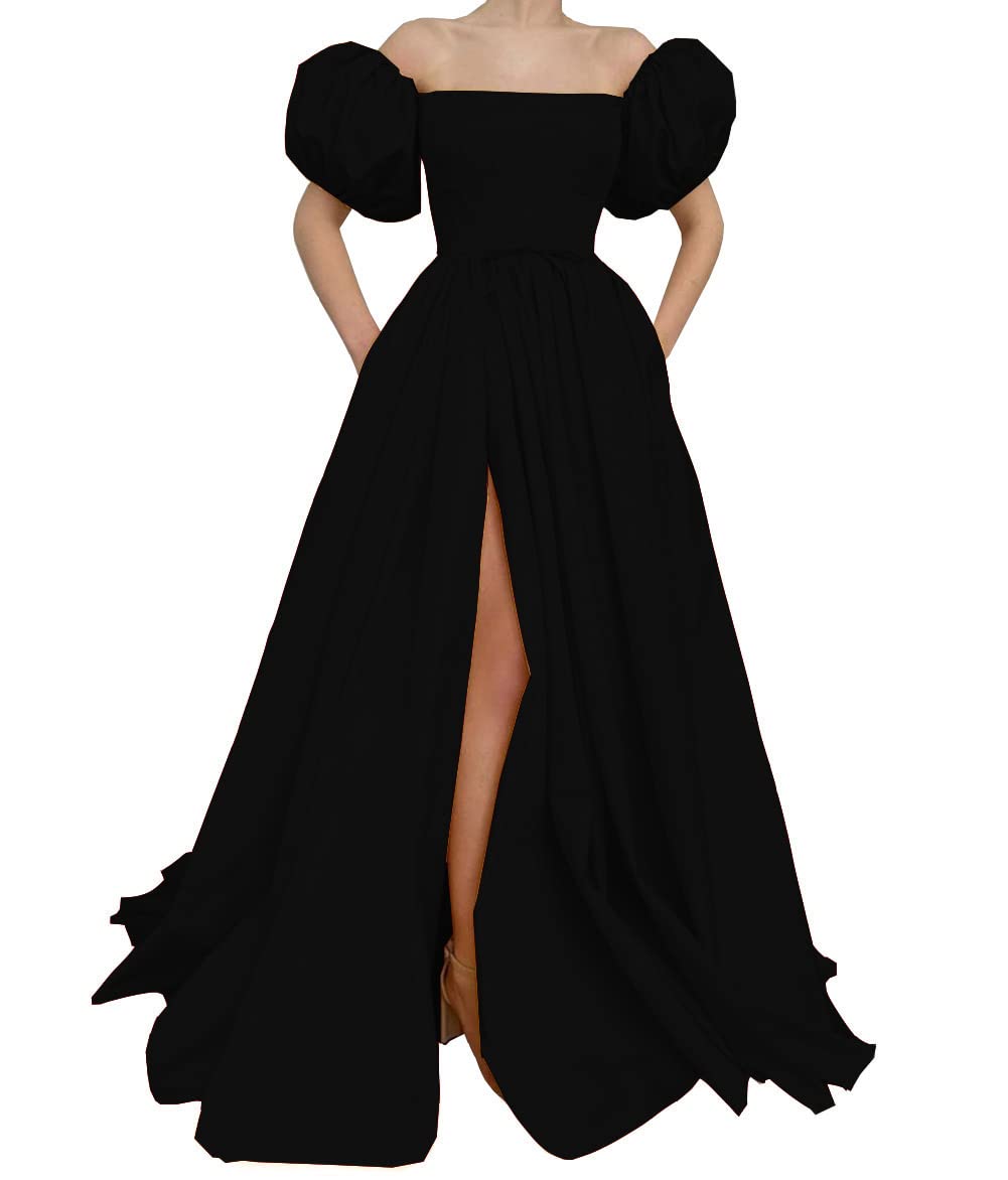 Emanni Women's Black Satin Prom Dress with Puff Sleeves and Pockets - Elegant Short Evening Gown for Homecoming, Cocktail Parties & Formal Events
