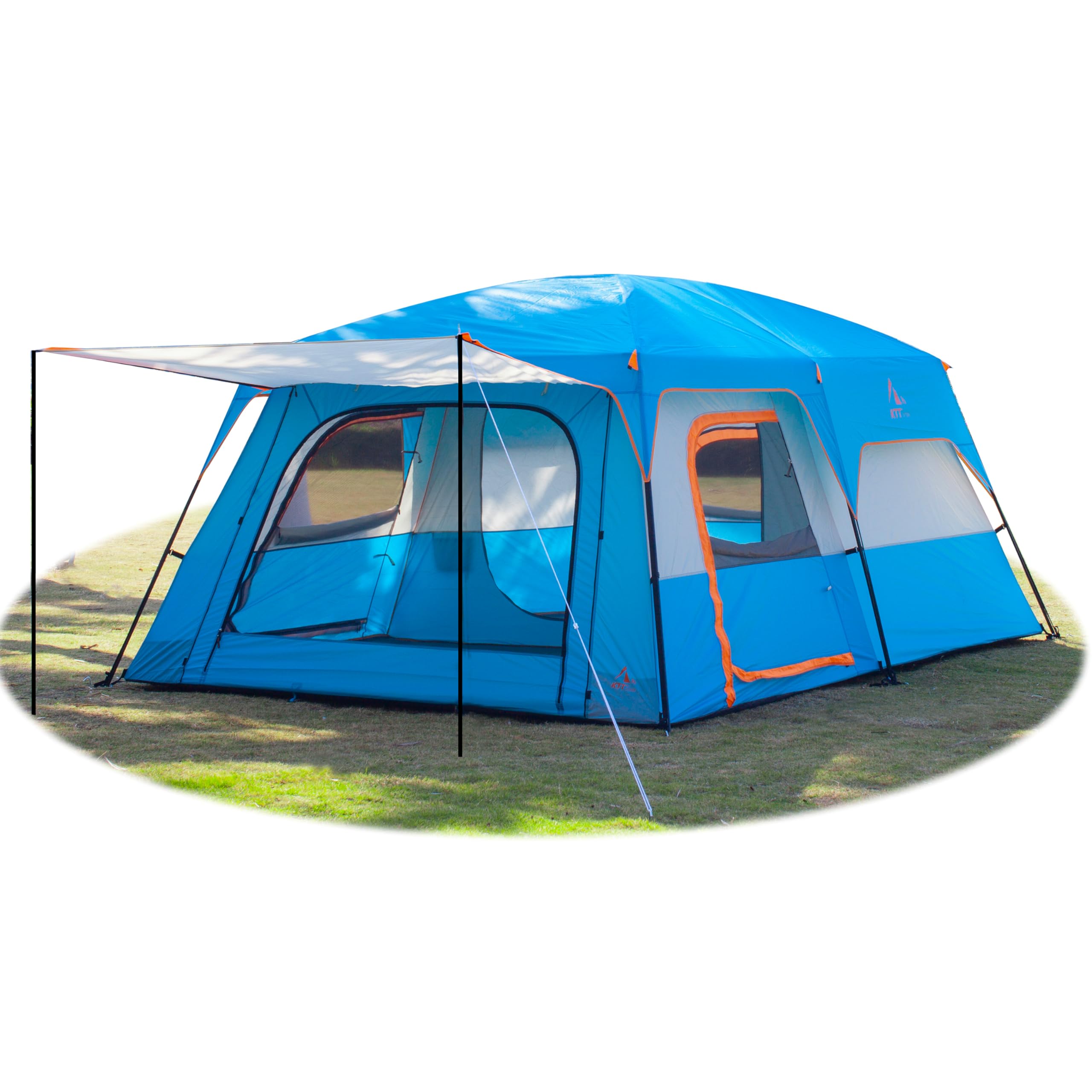 KTT Extra Large Family Cabin Tent for 10-12-14 People (Style B) - 2 Rooms, 3 Doors & 3 Windows with Mesh, Waterproof Double Layer Straight Wall Design - Perfect for Camping, Picnics, Outdoor Adventures & Family Gatherings