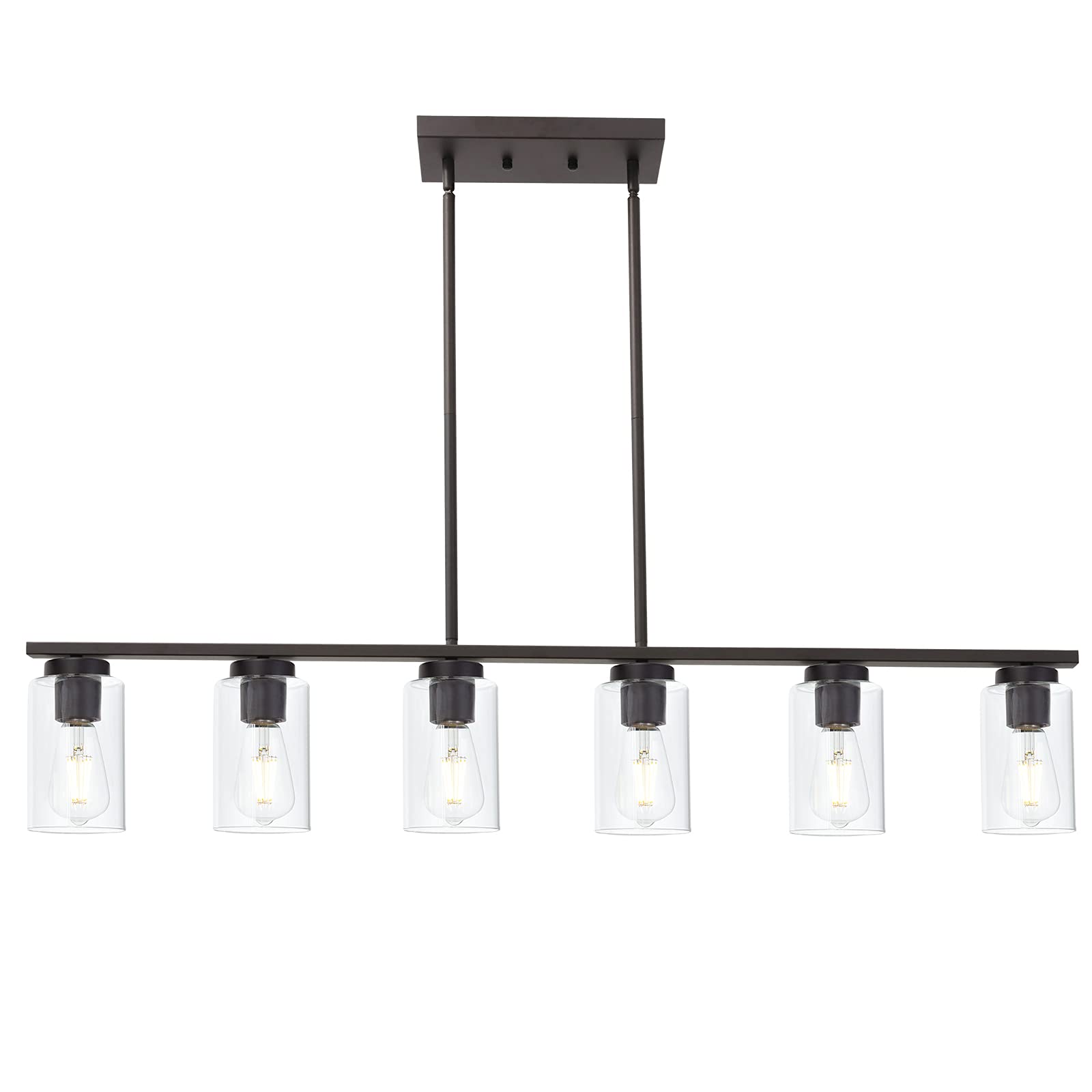 6-Light Farmhouse Pendant Lighting Fixture - Clear Glass Kitchen Island Chandelier in Oil Rubbed Bronze for Dining Room, Cafe & Bar | Perfect for Modern Farmhouse, Industrial & Rustic Home Decor