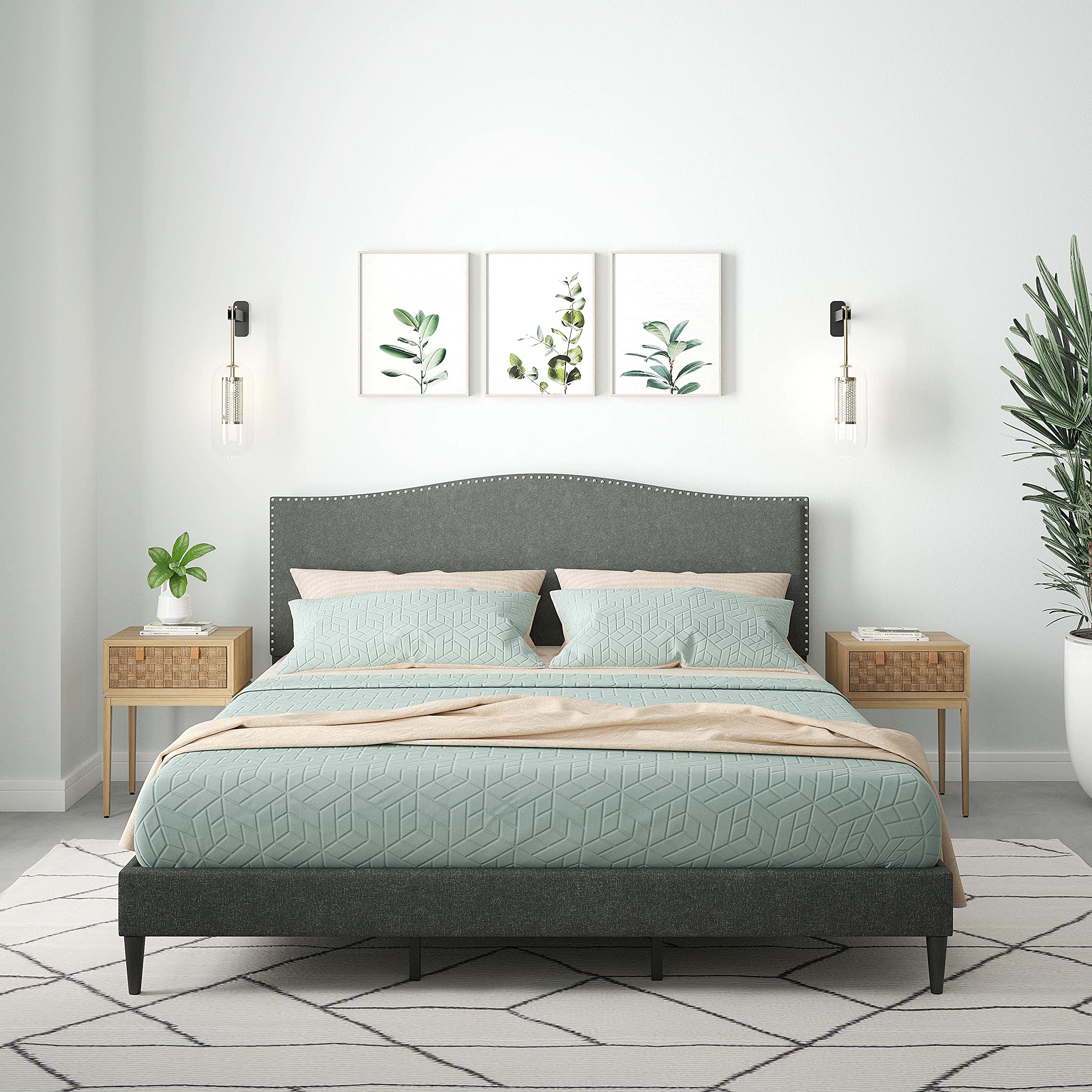 Glenwillow Home Kameli Upholstered King Size Bed Frame - Upholstered Platform Bed with Wood Slat Support, Nailhead Trim & Camelback Design - No Box Spring Needed, Easy Assembly, Gray - Perfect for Master Bedrooms & Guest Rooms