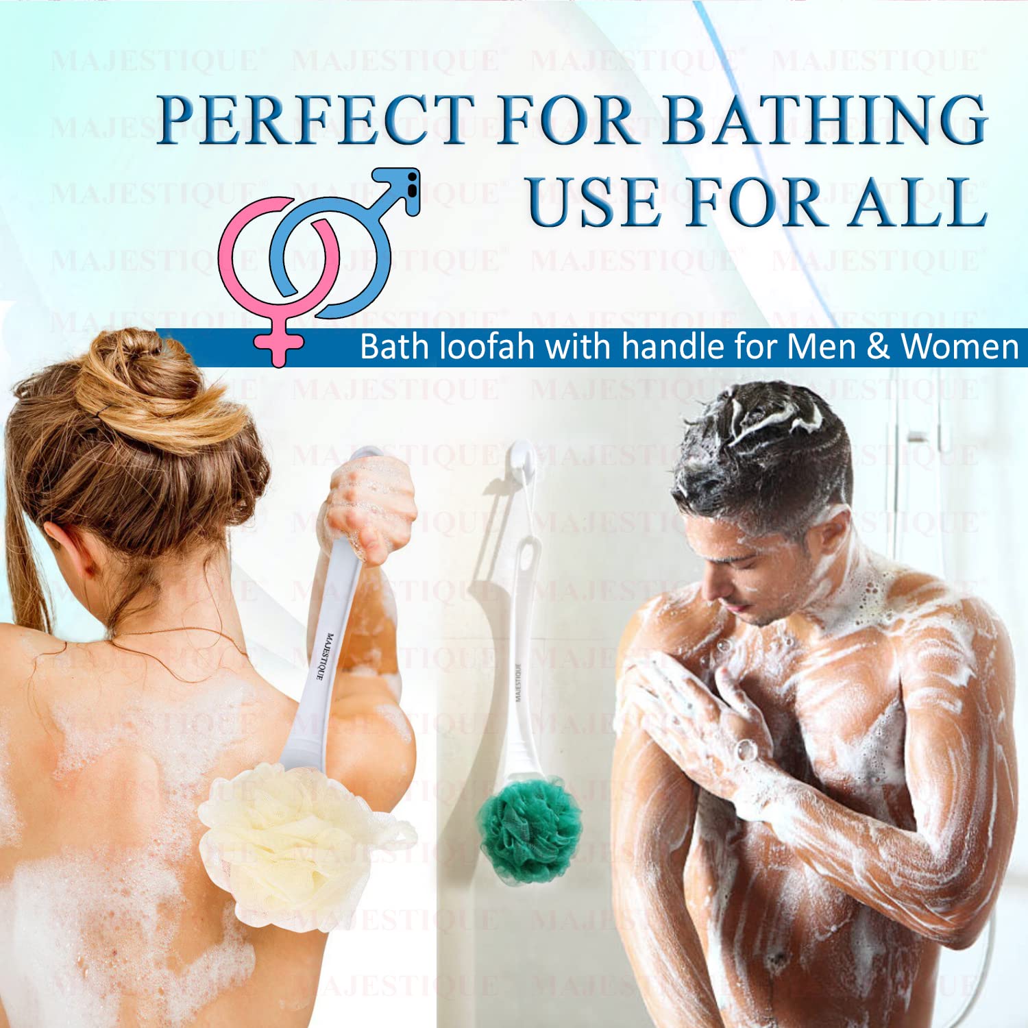Majestique 3-Pack Long Handle Back Scrubber Brush with Exfoliating Loofah Sponge & 2 Body Wash Puffs - 60g Bath Sponge for Deep Cleansing - Ideal for Men, Women & Elderly - Perfect for Shower, Bath & Spa Relaxation