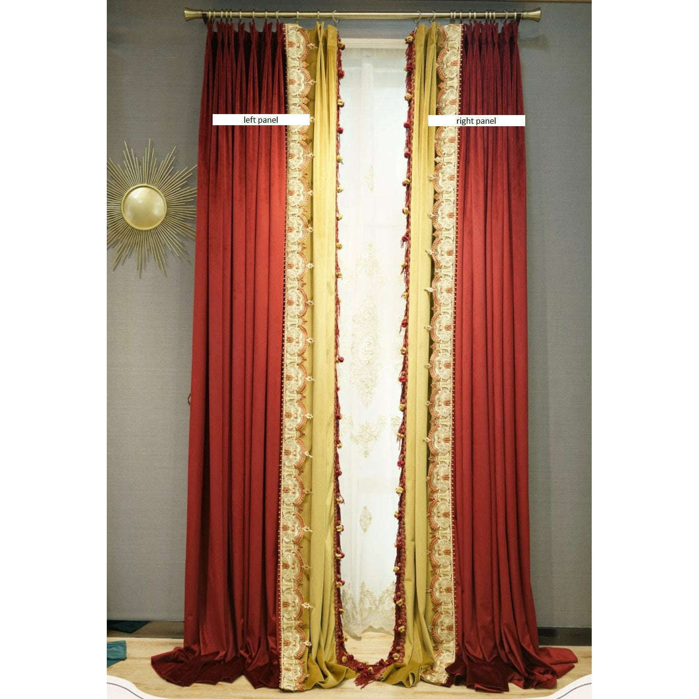 Annapolis French Designer Velvet Fringe Curtain - Red & Yellow Luxury Window Drapes for Living Room, Bedroom & Wedding Decor
