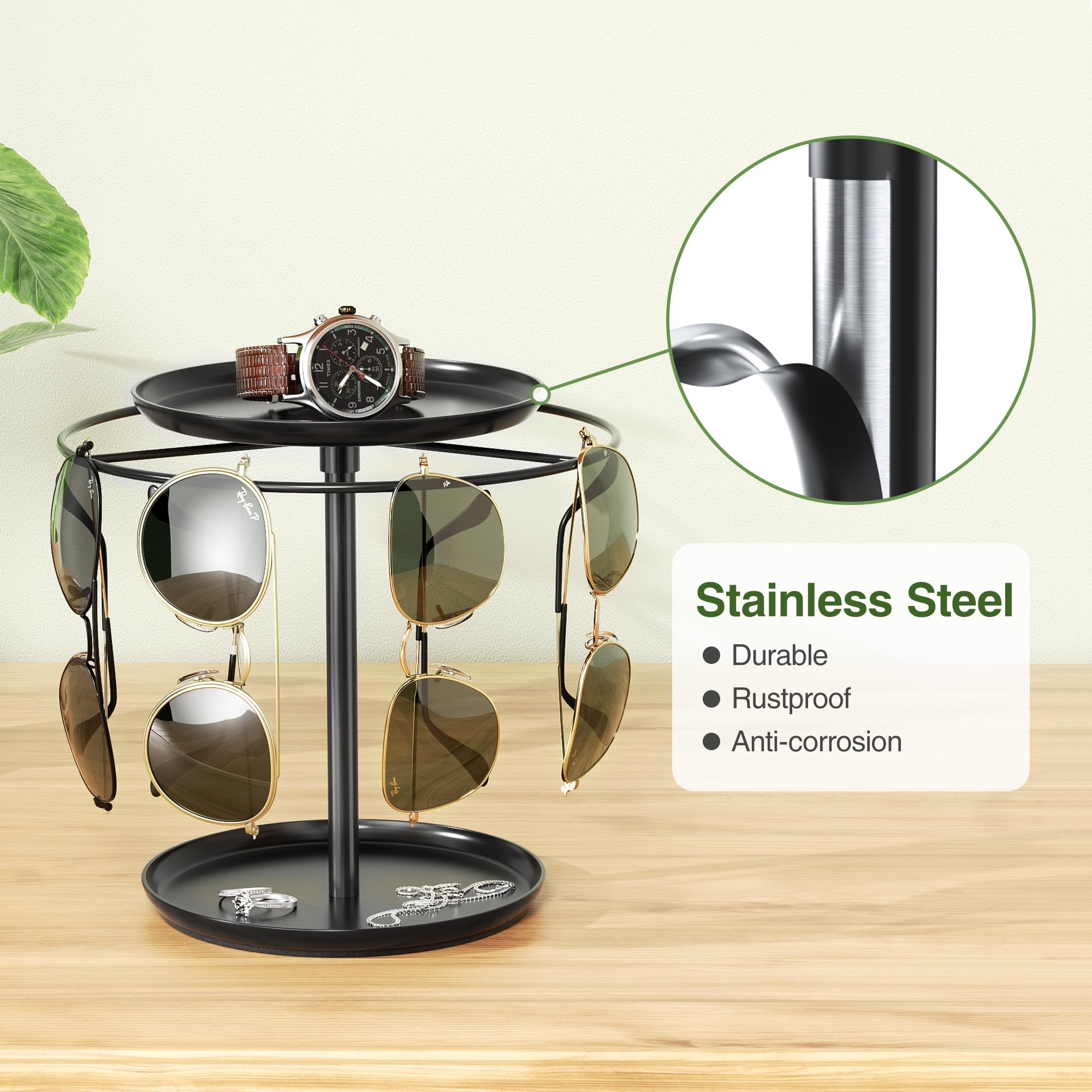 Rotatable Sunglass Holder Organizer - 2-Tier Eyeglass Stand with Storage Trays | Display & Organize Multiple Sunglasses & Glasses | Perfect for Home, Office, Retail Store Display