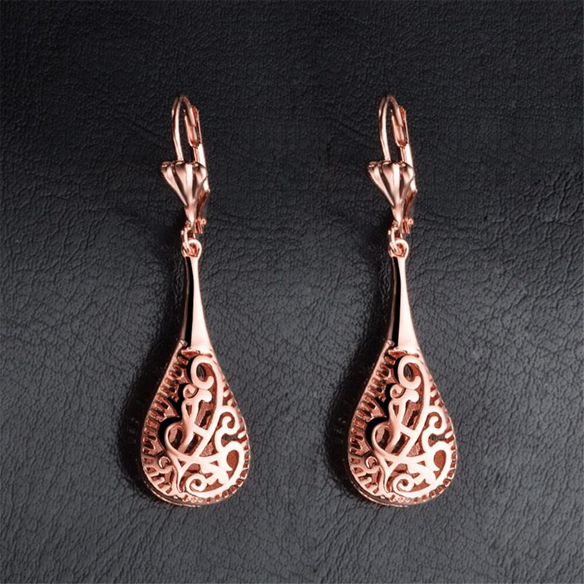 18K Rose Gold Plated Filigree Teardrop Leverback Earrings for Women - Elegant Dangle Earrings for Parties, Weddings & Special Occasions