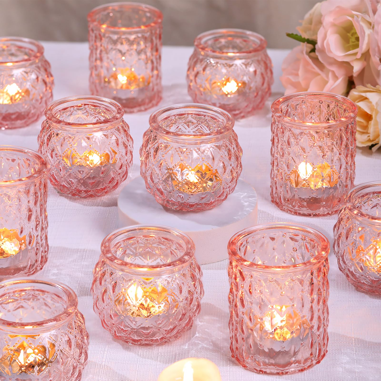 24-Pack Pink Glass Votive Candle Holders - Round Flameless LED Tea Light Holders for Weddings, Parties, Home Decor - Perfect for Romantic Centerpieces, Table Settings & Holiday Decorations