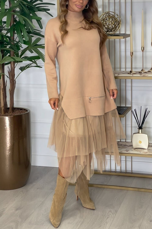 Taylor Knit Turtleneck Zip-Up Top & Elastic Waist Tulle Loose Midi Skirt Set - Women's Casual Winter Outfit for Office, Date Night & Holiday Parties