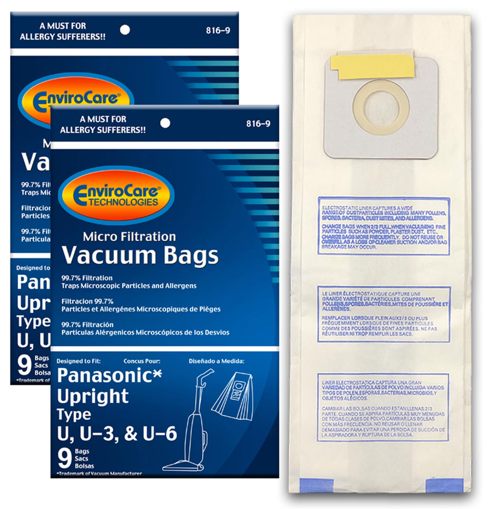 EnviroCare Replacement Micro Filtration Vacuum Cleaner Dust Bags - Compatible with Panasonic U, U-3, U-6-18 Models | High-Efficiency HEPA Filter for Allergies & Pet Hair | Ideal for Home Cleaning & Allergy Relief