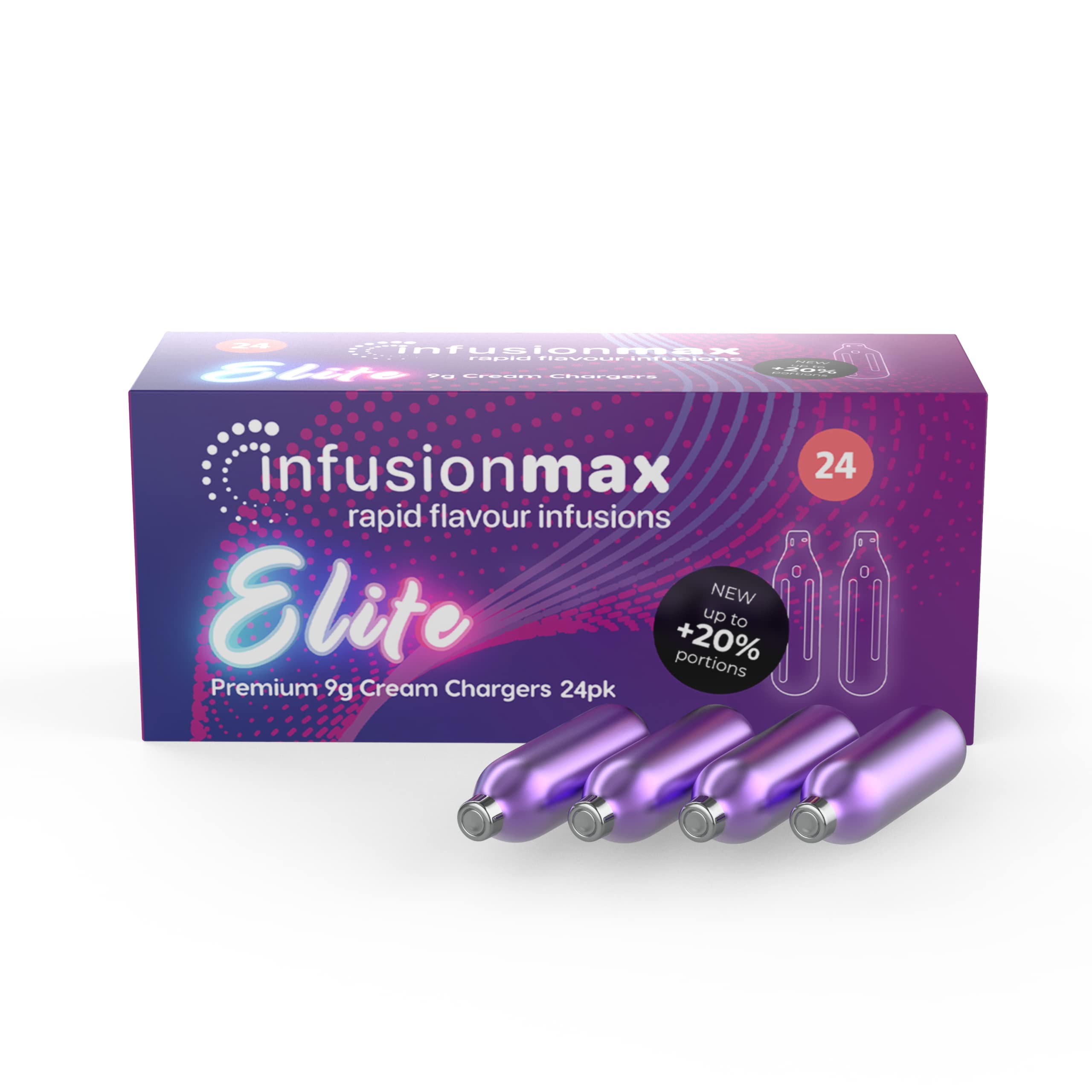 InfusionMax Elite Whipped Cream Chargers - 600 Pack (24 Cartridges x 25 Boxes) | 9g Pure Culinary N2O Gas | Compatible with Standard Cream Dispensers | Perfect for Bakeries, Coffee Shops & Dessert Decorating