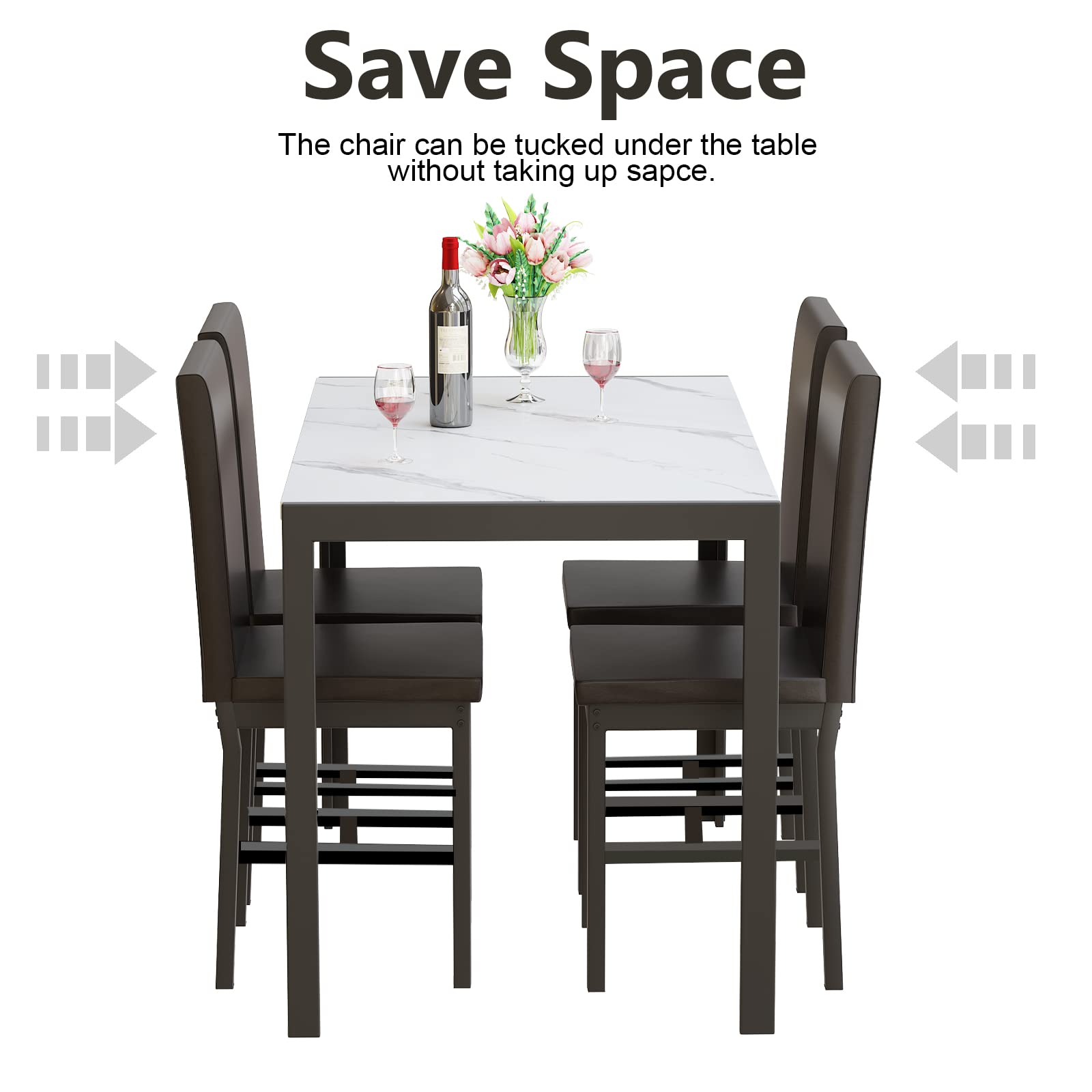 MIERE 5-Piece Marble Dining Set with Faux Leather Metal Frame Chairs - White Modern Kitchen Table & 4 Chairs for Dining Room, Breakfast Nook & Small Space | Perfect for Family Meals, Entertaining Guests & Cozy Breakfasts