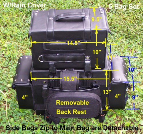 Motorcycle Sissy Bar Bags & T-Bags Set - 4 Piece Leather Luggage with Padded Backrest & Studded Design for Harley, Cruiser Bikes | Long Distance Riding & Road Trips