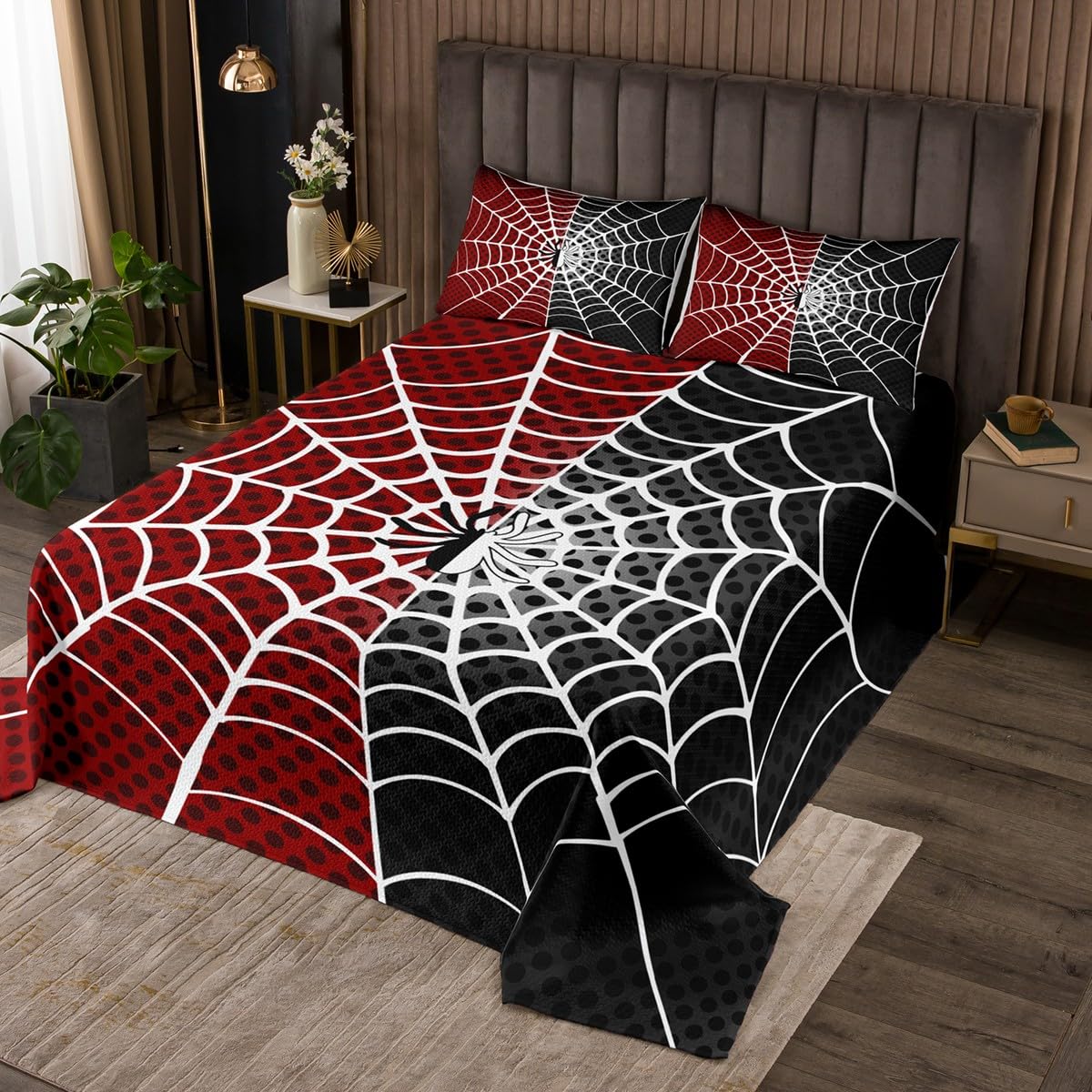 Spider Web Bedspread Queen Size - Black & White Dots Quilted Coverlet Set with 2 Pillowcases for Kids, Teens & Adults | Soft Polyester Bedding for Halloween, Gothic or Superhero Themed Bedroom Decor