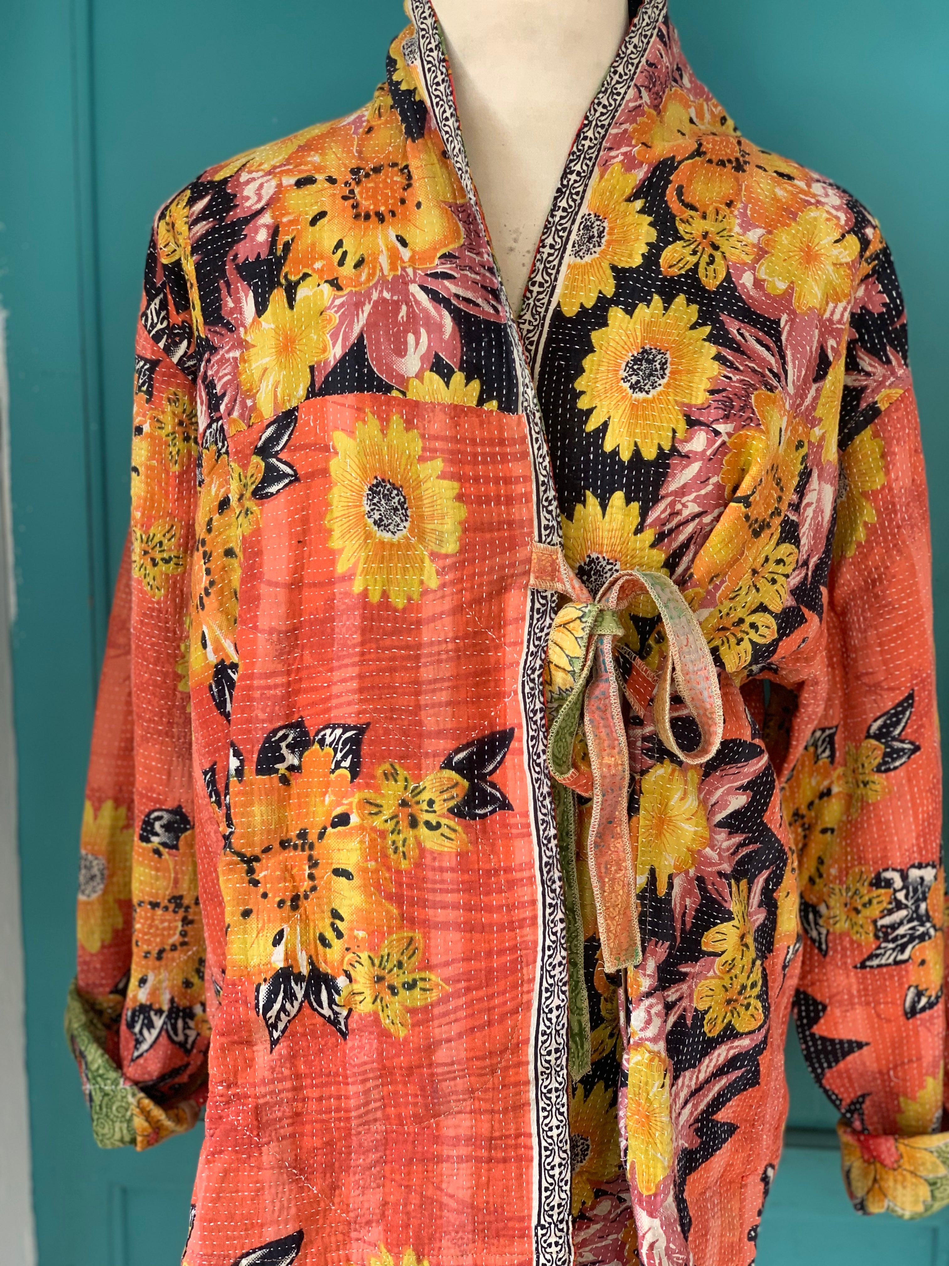Boho Kantha Kimono Coat with Beautiful Prints - Lightweight Cover-Up for Women, Perfect for Beach, Yoga, and Summer Outfits