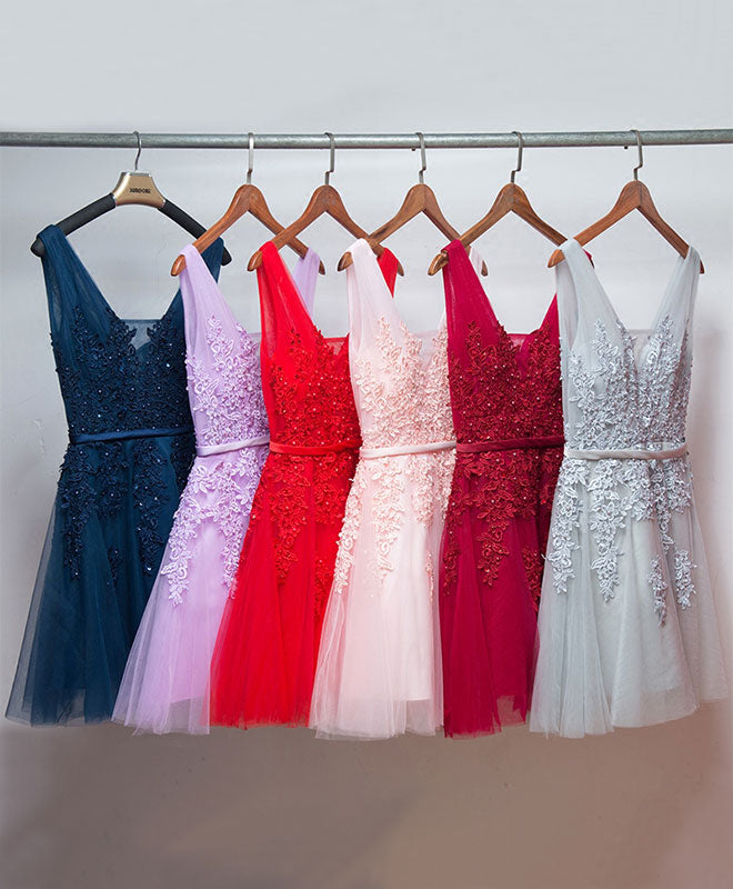Elegant Pink V-Neck Tulle Lace Short Prom Dress for Homecoming, Party, and Special Occasions | Flirty and Fun Cocktail Dress for Teens and Juniors