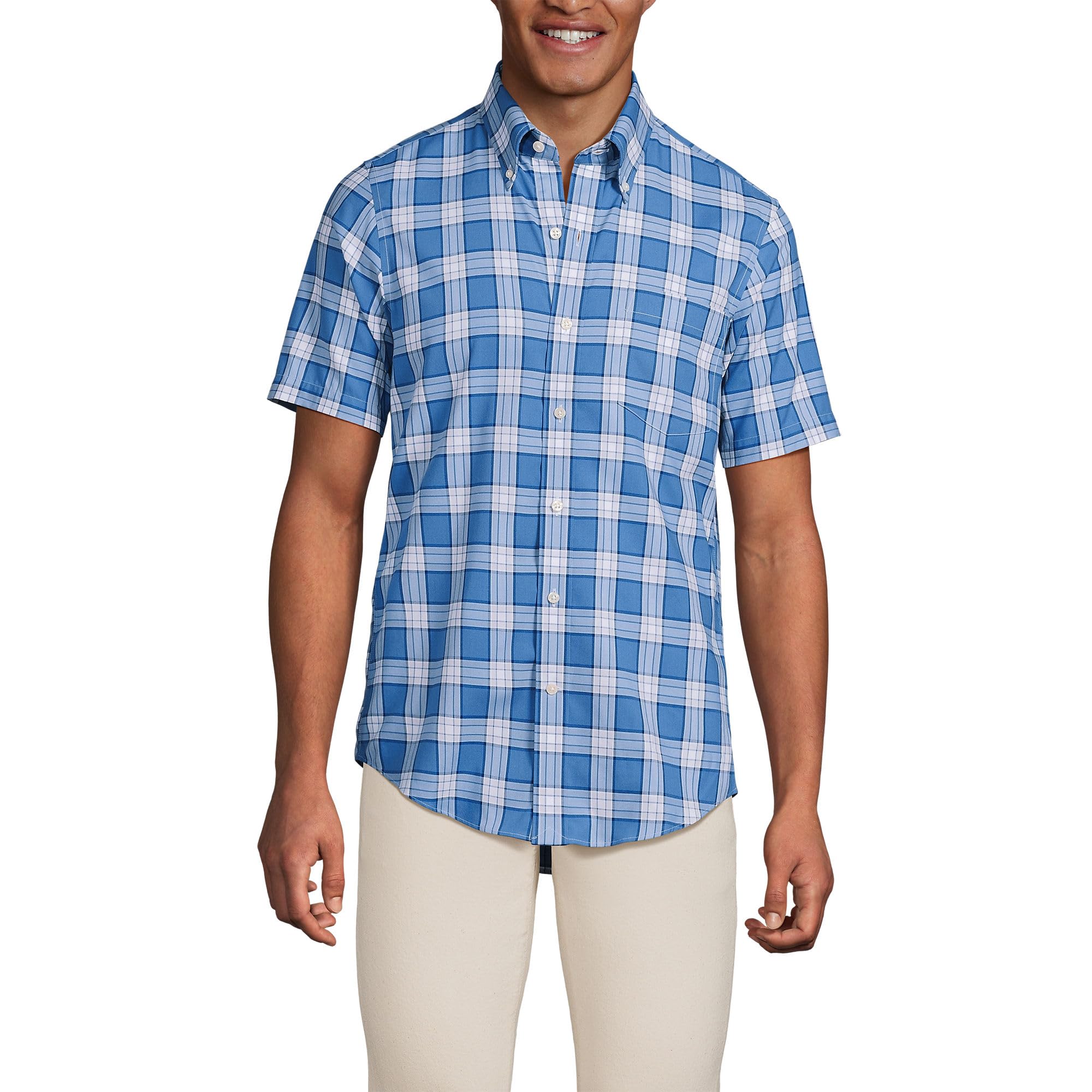 Lands' End Men's Short Sleeve No Iron Twill Shirt - Wrinkle-Free Comfort for Business Casual & Summer Wear