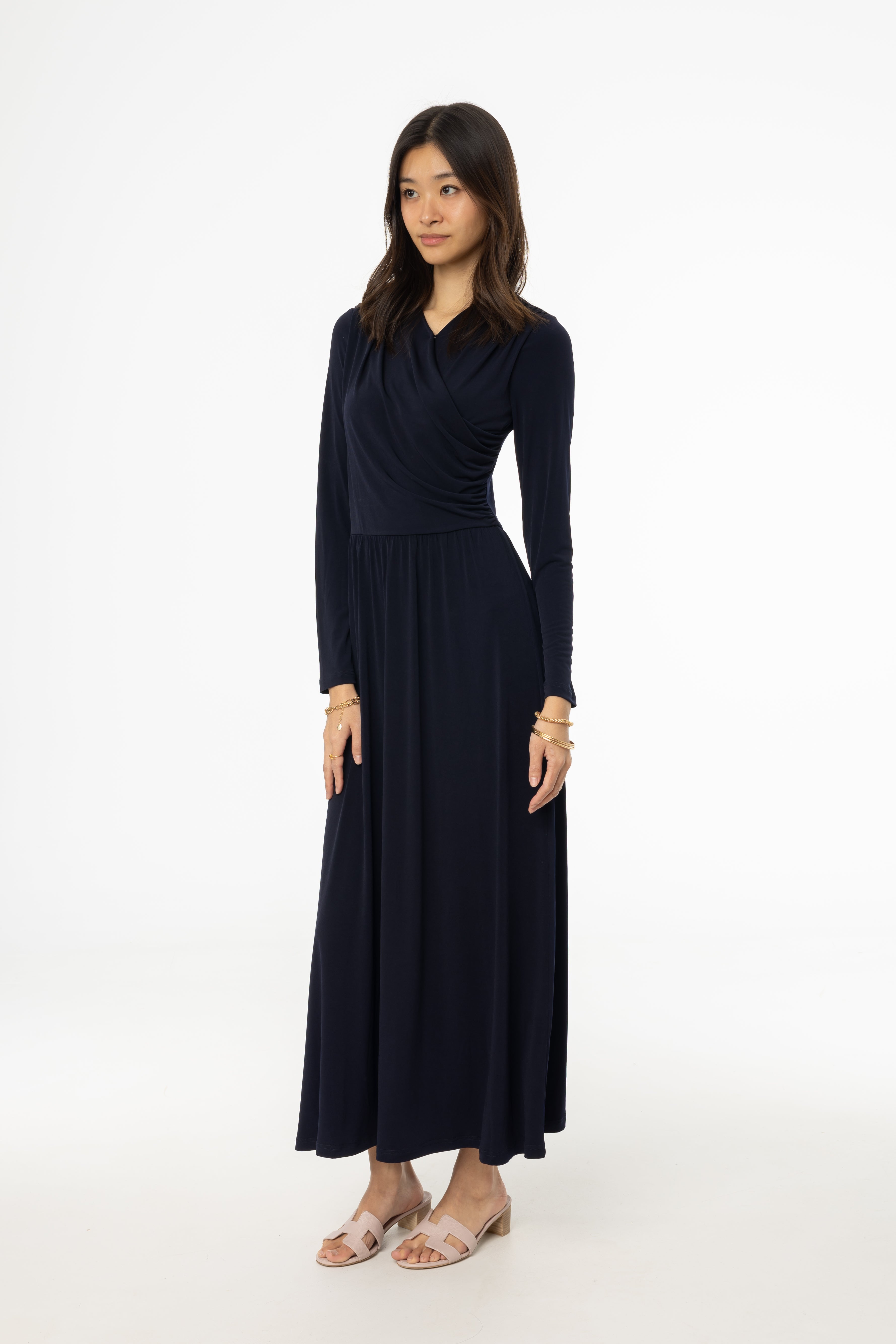 Elegant Navy Blue Slinky Faux Wrap Maxi Dress for Women - Perfect for Evening Parties, Weddings & Summer Vacations