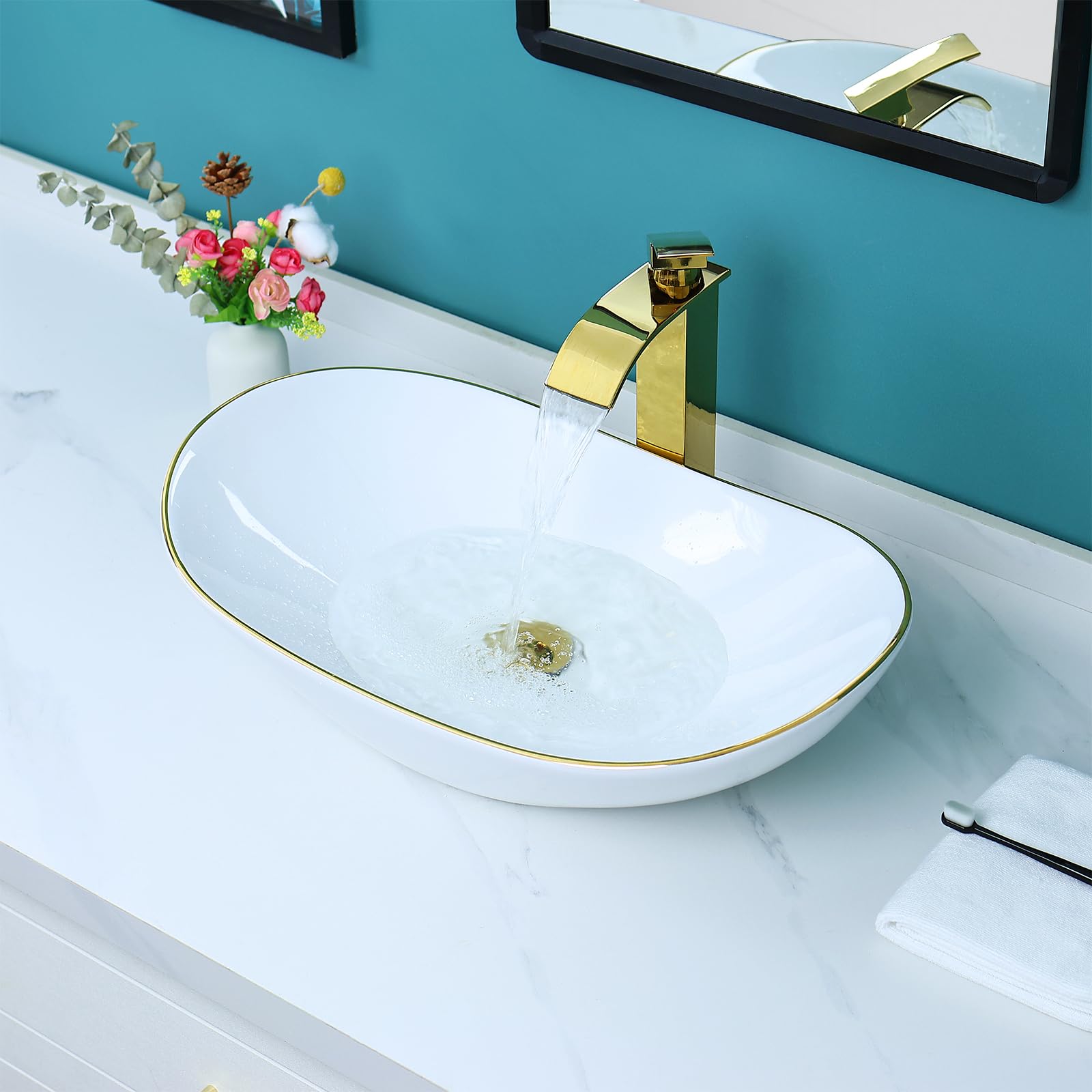 Davivy 23.2''X14.2'' Large Oval Vessel Sink with Pop-Up Drain - Boat Shape Ceramic Bathroom Sink with Gold Trim, Above Counter Bathroom Vanity Sink for Modern & Luxury Bathroom Decor