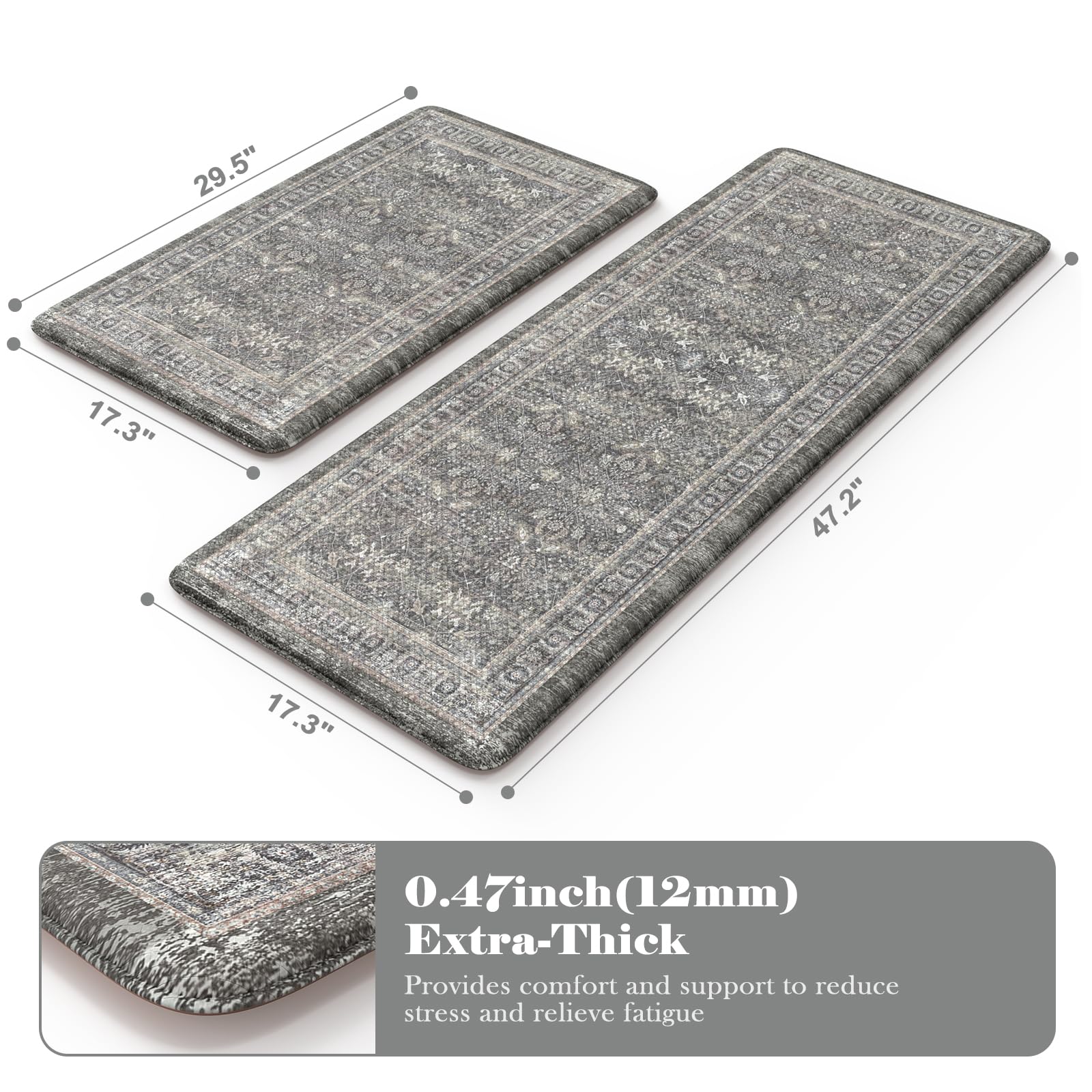 2-Piece Anti-Fatigue Kitchen Floor Mats - Cushioned, Waterproof Memory Foam Rugs for Sink, Laundry & Bathroom - Boho Grey Home Decor - Perfect for Cooking, Dishwashing & Standing Comfort