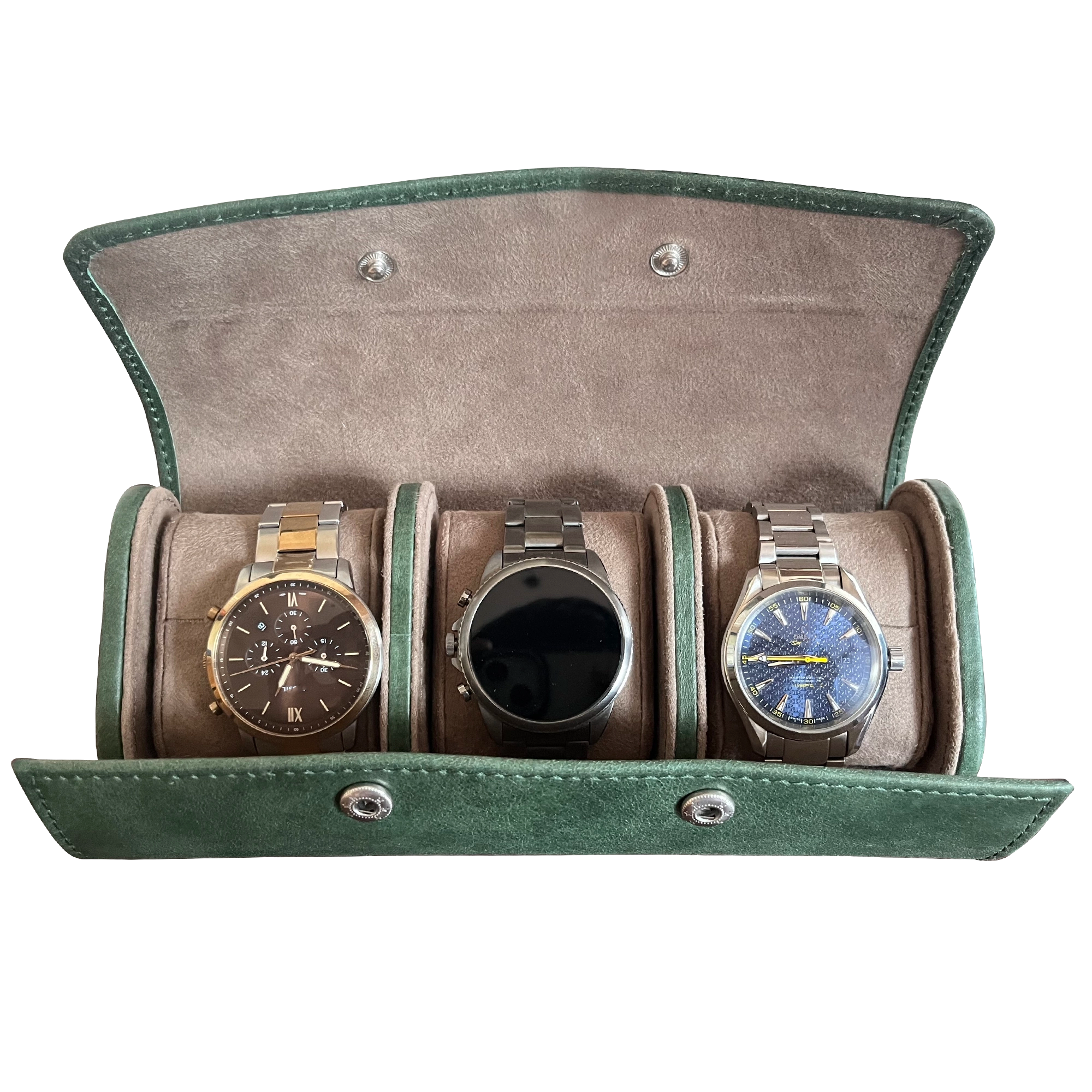 Classic Green Leather Travel Watch Case with 3 Slots - Perfect for Business Trips, Vacations & Watch Collection Storage