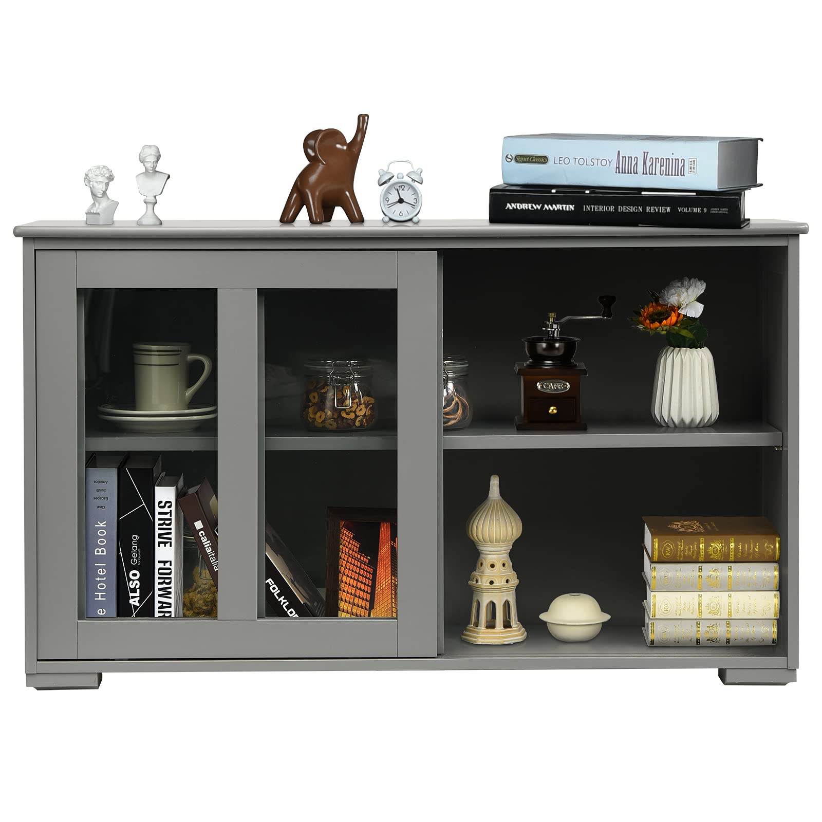 Giantex Modern Wood Buffet Sideboard with Sliding Doors - Adjustable Shelf Storage Cabinet, Kitchen Cupboard & Dining Room Credenza - Perfect for Living Room, Pantry Organization & Home Decor (Gray)