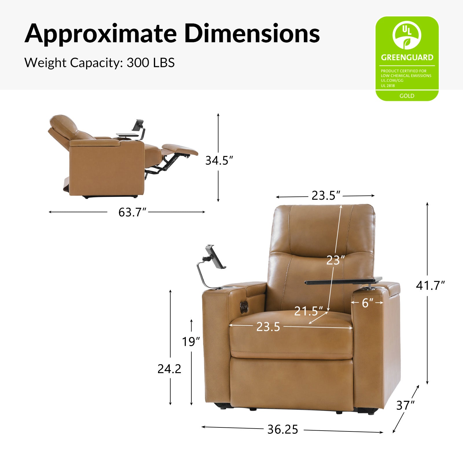 Iliana Electric Genuine Leather Recliner Chair with Side Table & Phone Holder - Power Lift Reclining Sofa for Living Room, Home Theater & Office Comfort