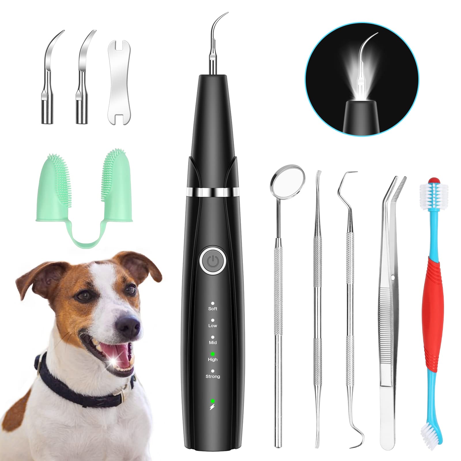 **5-Mode Ultrasonic Dog Teeth Cleaning Kit - Plaque & Tartar Remover for Pets, 10-in-1 Dental Care Set with Toothbrush (Black) - Perfect for At-Home Pet Oral Hygiene & Fresh Breath**