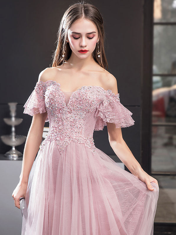 Elegant Pink Tulle Lace Off-Shoulder Long Prom Dress for Women - Formal Evening Gown for Homecoming, Wedding, and Special Occasions