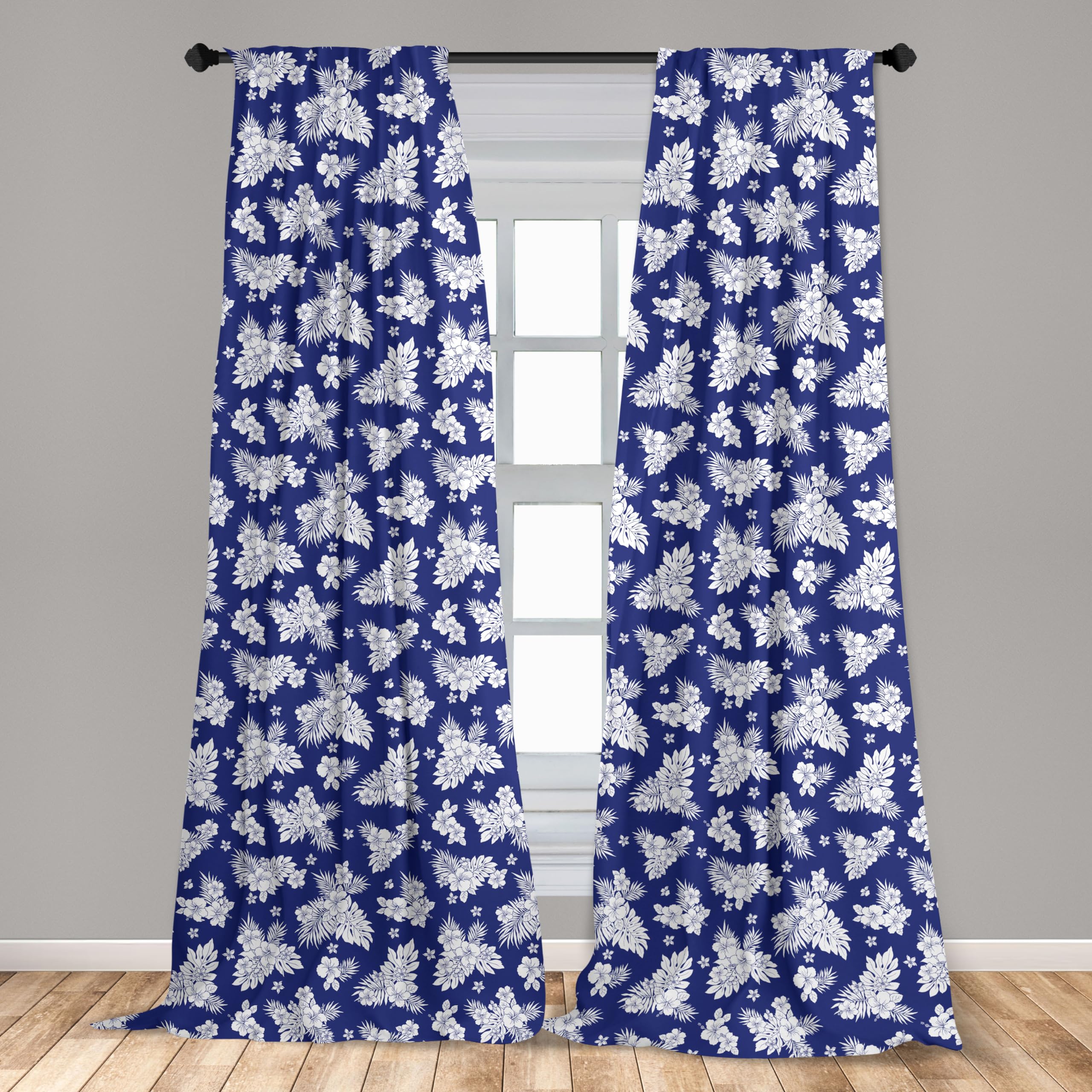 Ambesonne Blue and White Window Curtains - Floral Aloha Style Exotic Corsage Design, Lightweight 2-Panel Set with Rod Pocket (28