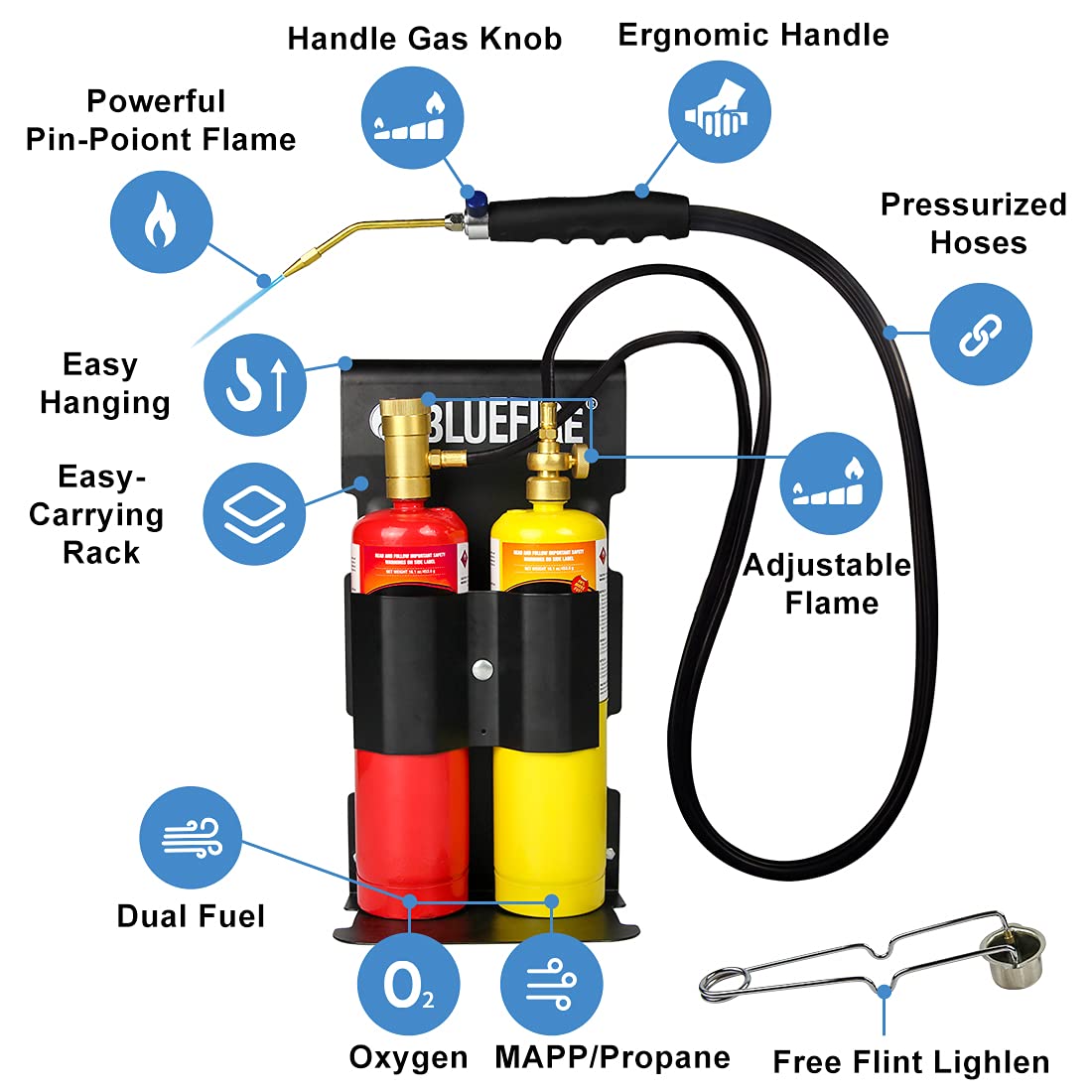 BLUEFIRE Oxypropane Welding and Cutting Torch Kit with Flint Lighter & Cylinder Holder - Professional Jewelry Making, HVAC, MAP Gas Brazing, Soldering & Oxy Acetylene Torch Kit for Metalworking & DIY Projects