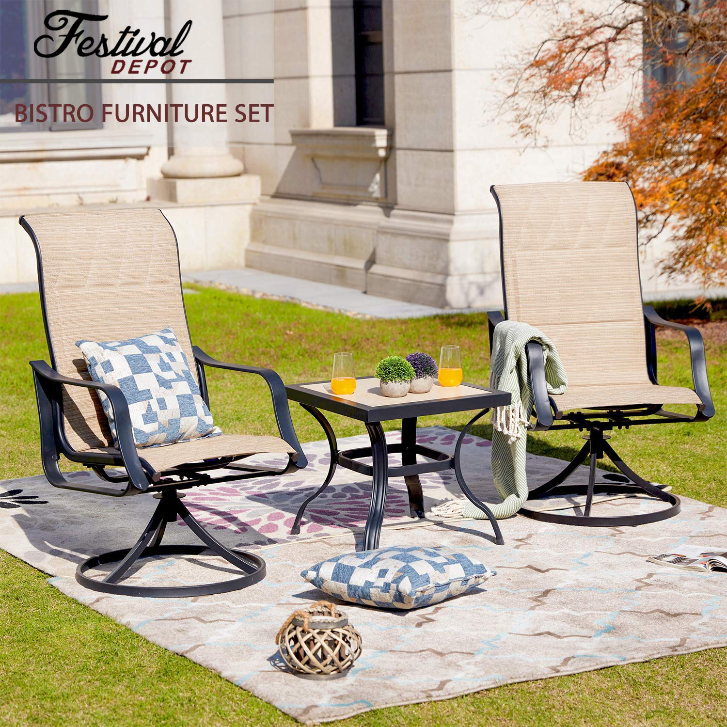 360° Swivel Outdoor Patio Dining Set - 3-Piece Bistro Chairs with Armrests & Square Metal Coffee Table, Beige - Perfect for Deck, Garden, Poolside & Backyard Relaxation