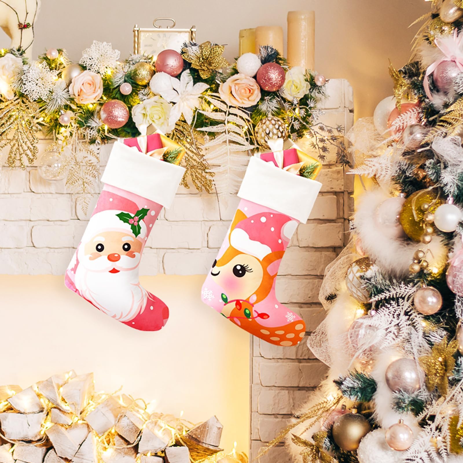 2 Pack Pink Christmas Stockings - Santa Reindeer Holiday Decor for Tree Hanging, Family Winter Decorations | Perfect for Fireplace Mantel, Gift Exchange & Festive Home Decor