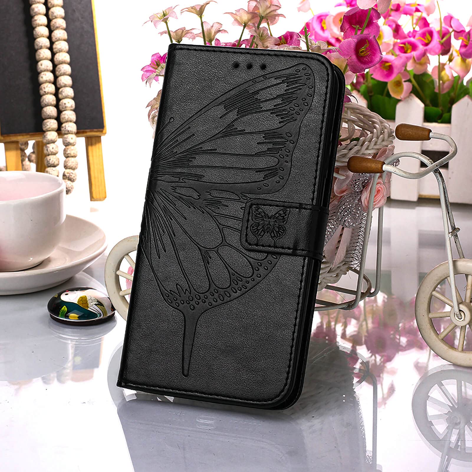 Butterfly Floral Embossed Leather Wallet Case for iPhone 13/14 - Protective Flip Cover with Wrist Strap, Card Holder Slots & Stand Feature (Black) | Perfect for Everyday Use, Travel & Hands-Free Viewing