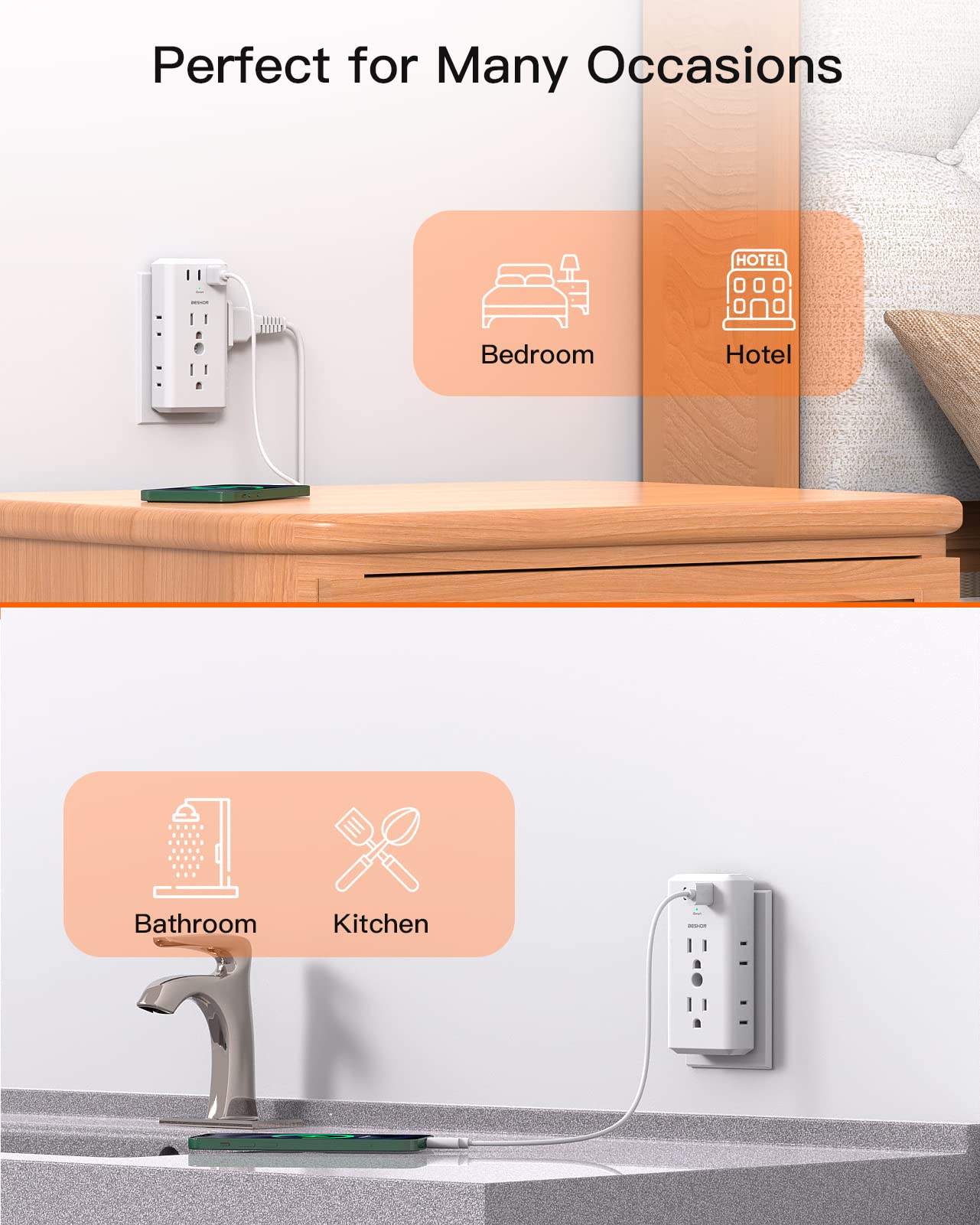 6-Outlet Multi Plug Extender with 3 USB Ports (2 USB-C) - 3-Sided Power Strip Wall Charger for Cruise Ships, Travel, Dorm & Office | Space-Saving Outlet Splitter for Phones, Laptops & Electronics