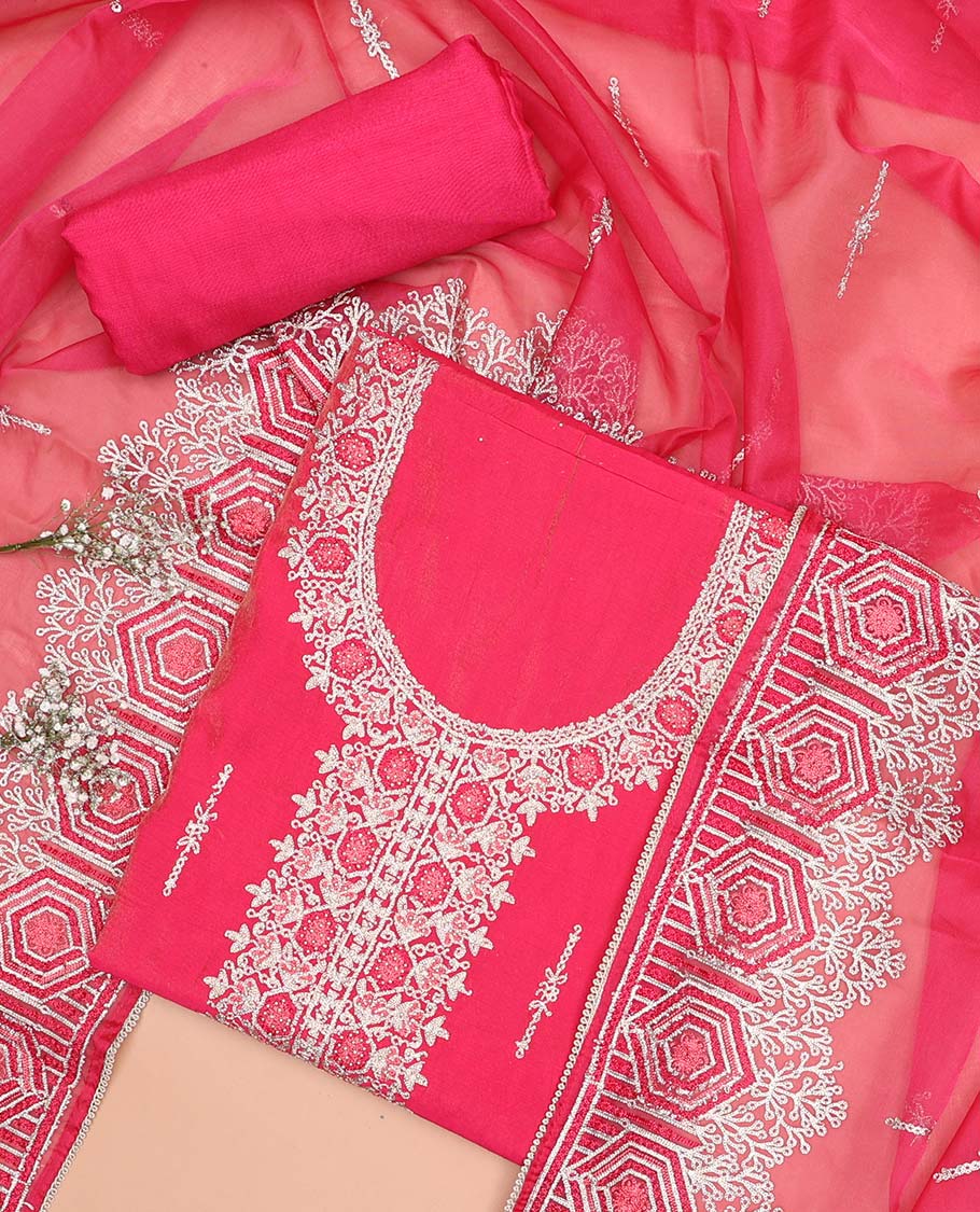 Blue Chudidar Material Set with Floral Thread Embroidery - Plain Bottom & Embroidered Dupatta for Women | Perfect for Festivals, Weddings & Special Occasions
