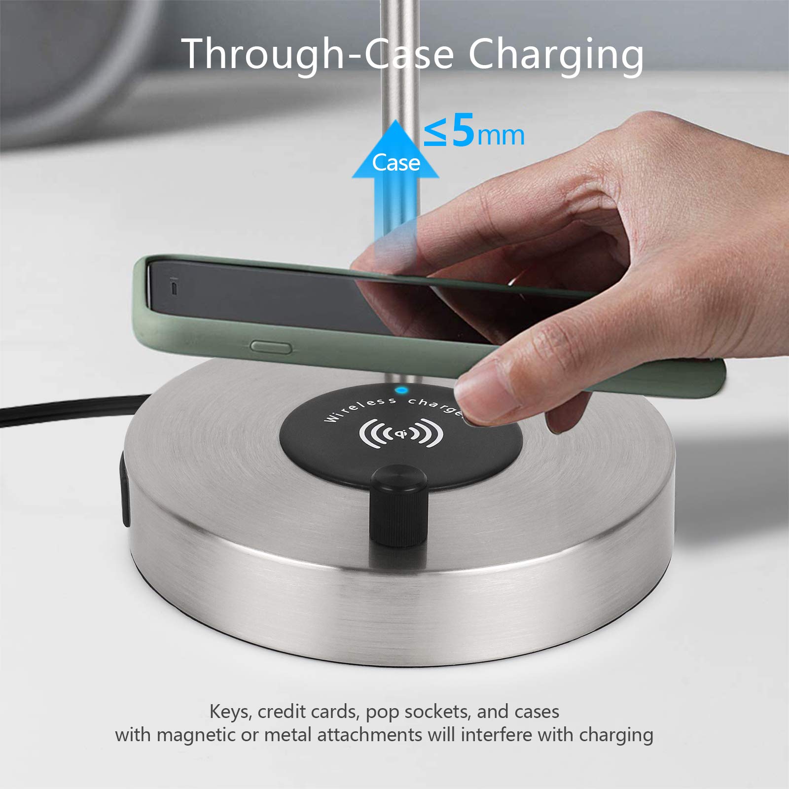Wireless Charging Desk Lamp with USB Port - Adjustable Edison Table Lamp for Bedroom, Office & Living Room | Metal Base, Satin Nickel Finish | Perfect for Night Reading, Home Decor & Workspace Lighting