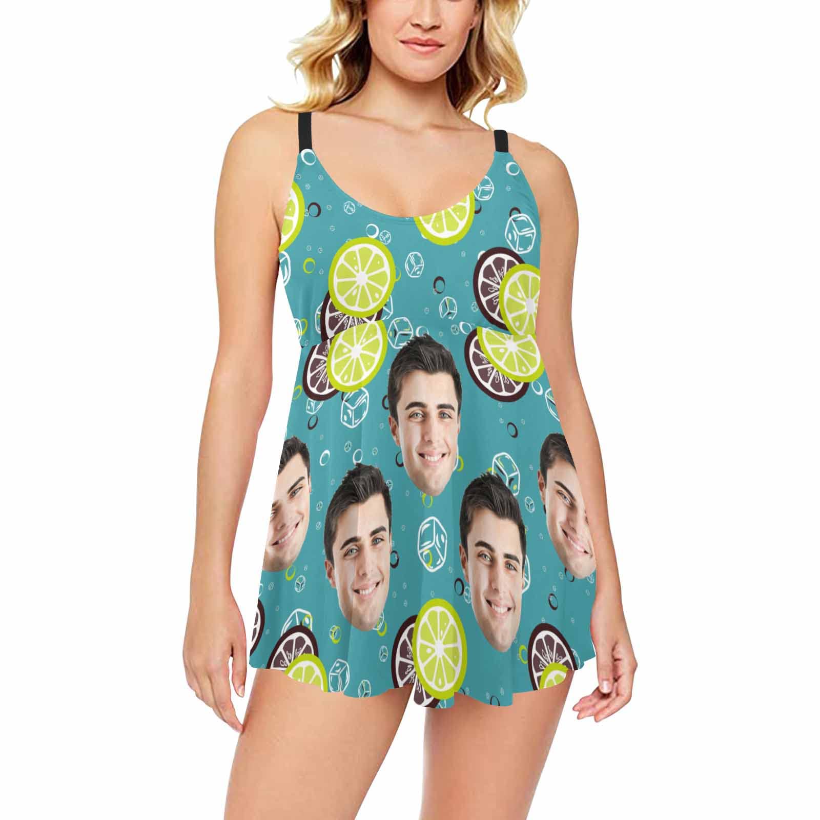 Custom Personalized Women's Two-Piece Swimsuit with Face Print & Flag Design - Bathing Suit with Shorts for Summer Beach, Pool Party & Vacation Gift