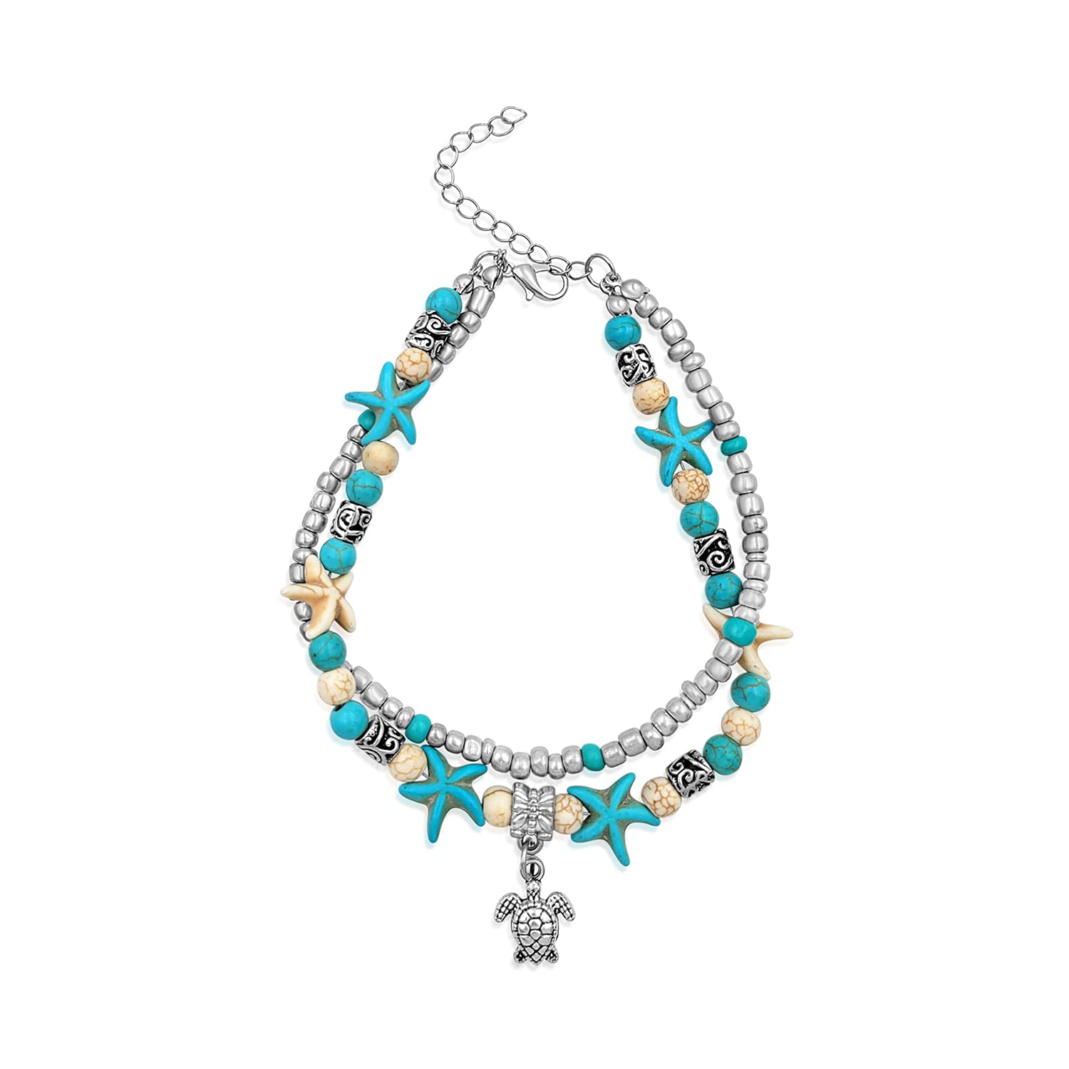 Handmade Blue Turquoise Starfish & Silver Turtle Charm Beaded Anklet Bracelet for Women | Hypoallergenic Beach Jewelry | Summer Vacation, Tropical Party & Boho Fashion Accessory | Perfect for Beach Weddings, Poolside Relaxation, Festival Outfits, Gift Giving & Everyday Boho Style | Ideal for Seaside Strolls, Vacation Photos, and Layered Bracelet Styling