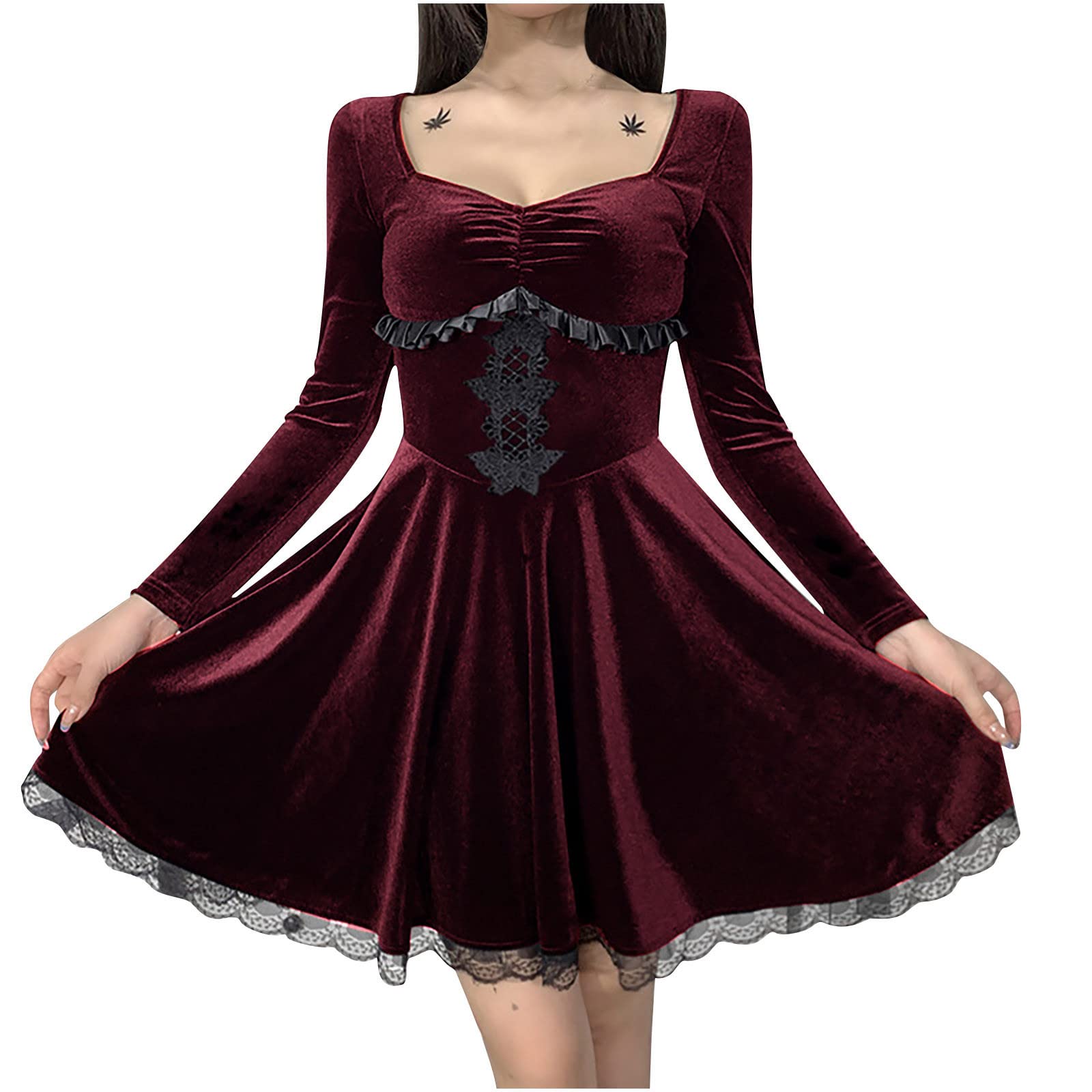 Gothic Women's Long Sleeve Lace Patchwork Punk Evening Dress - Elegant Hollow Out Design for Night Parties, Halloween Costume & Vintage Fashion Events