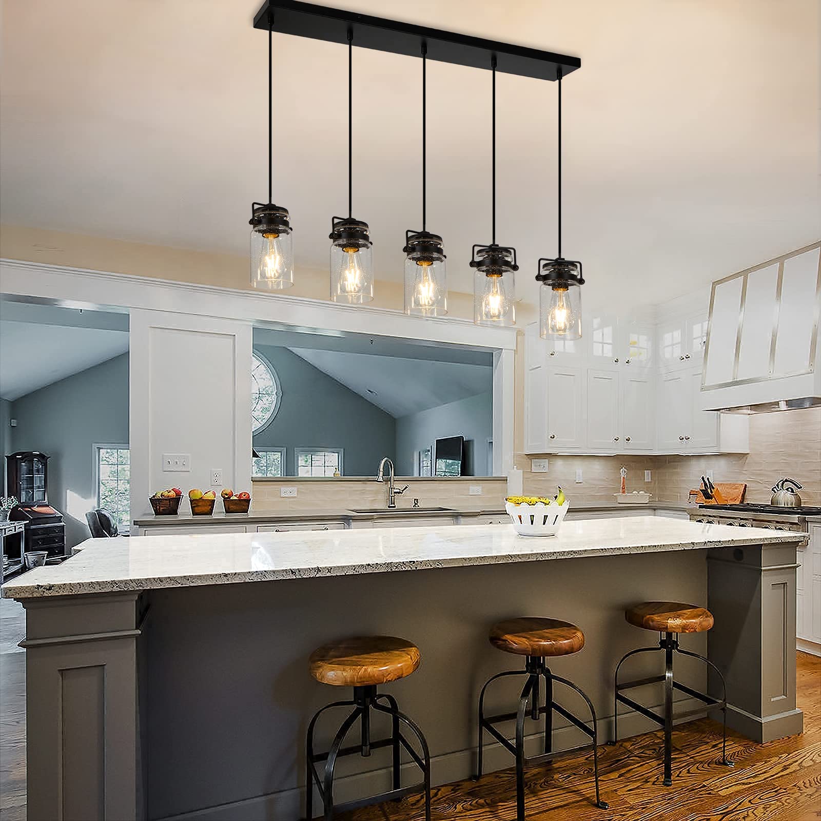 5-Light Black Linear Chandelier for Kitchen Island & Dining Room - Farmhouse Style Pendant Lighting with Glass Shades | Perfect for Modern Farmhouse, Rustic, and Industrial Home Decor