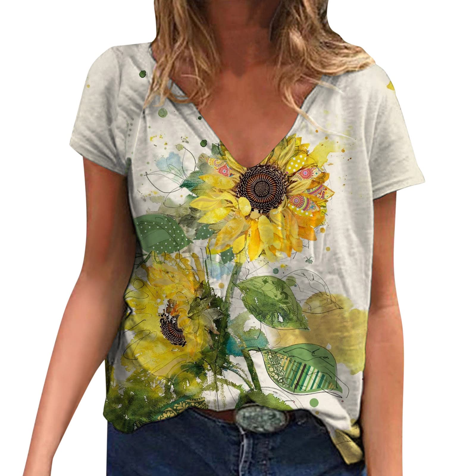 Women's Casual Summer Short Sleeve V-Neck Blouse - Funny Printed Cute Graphic Tee Shirt - Loose Fit Tops for Women - Perfect for Beach Outings, Weekend Wear & Casual Dates