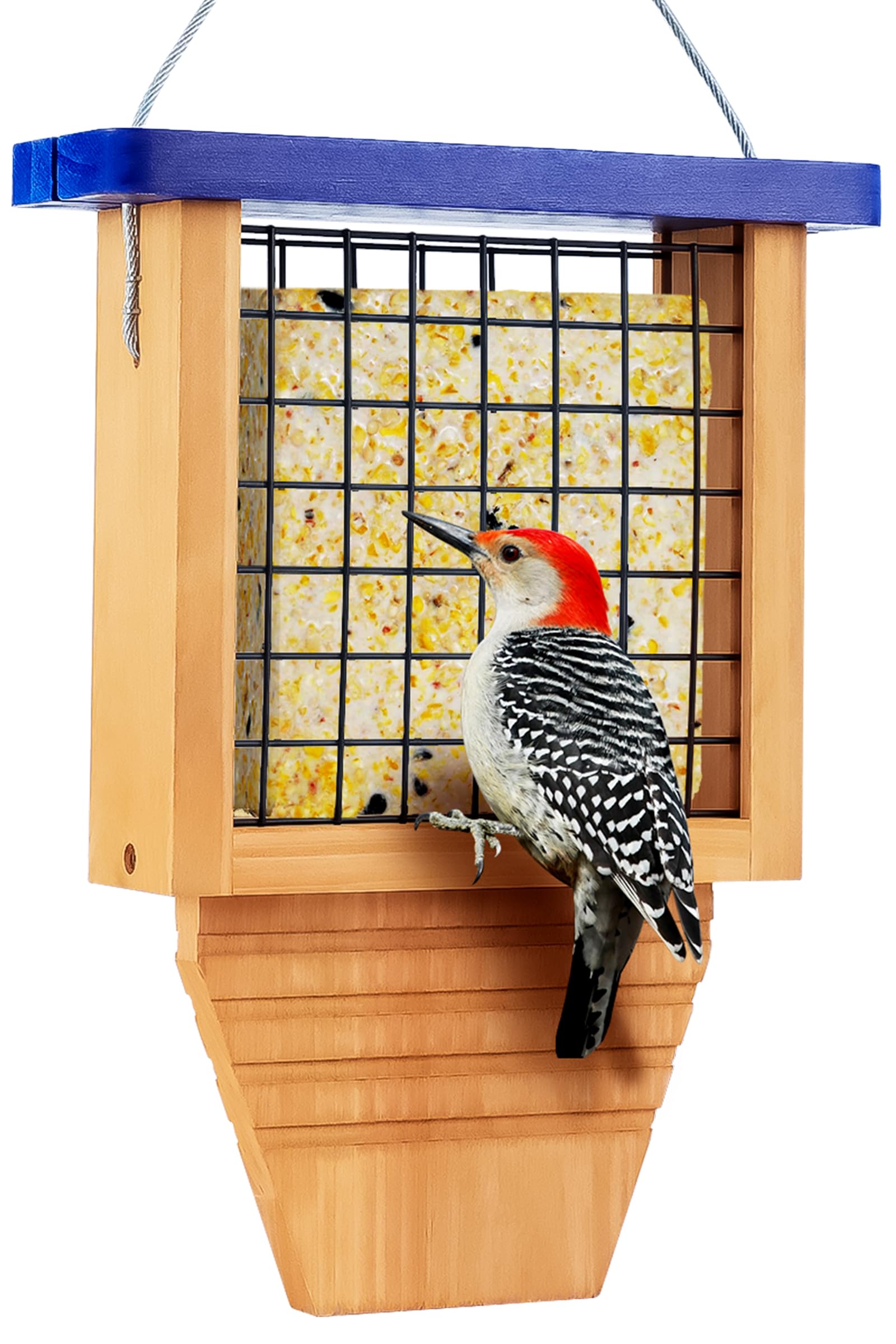 Wooden Suet Bird Feeder for Outdoor Hanging - Durable Woodpecker Feeder with Tail Prop - Wild Bird Feeder for Backyard, Garden & Nature Watching - 1 Pack Blue Birdhouse for Year-Round Bird Feeding