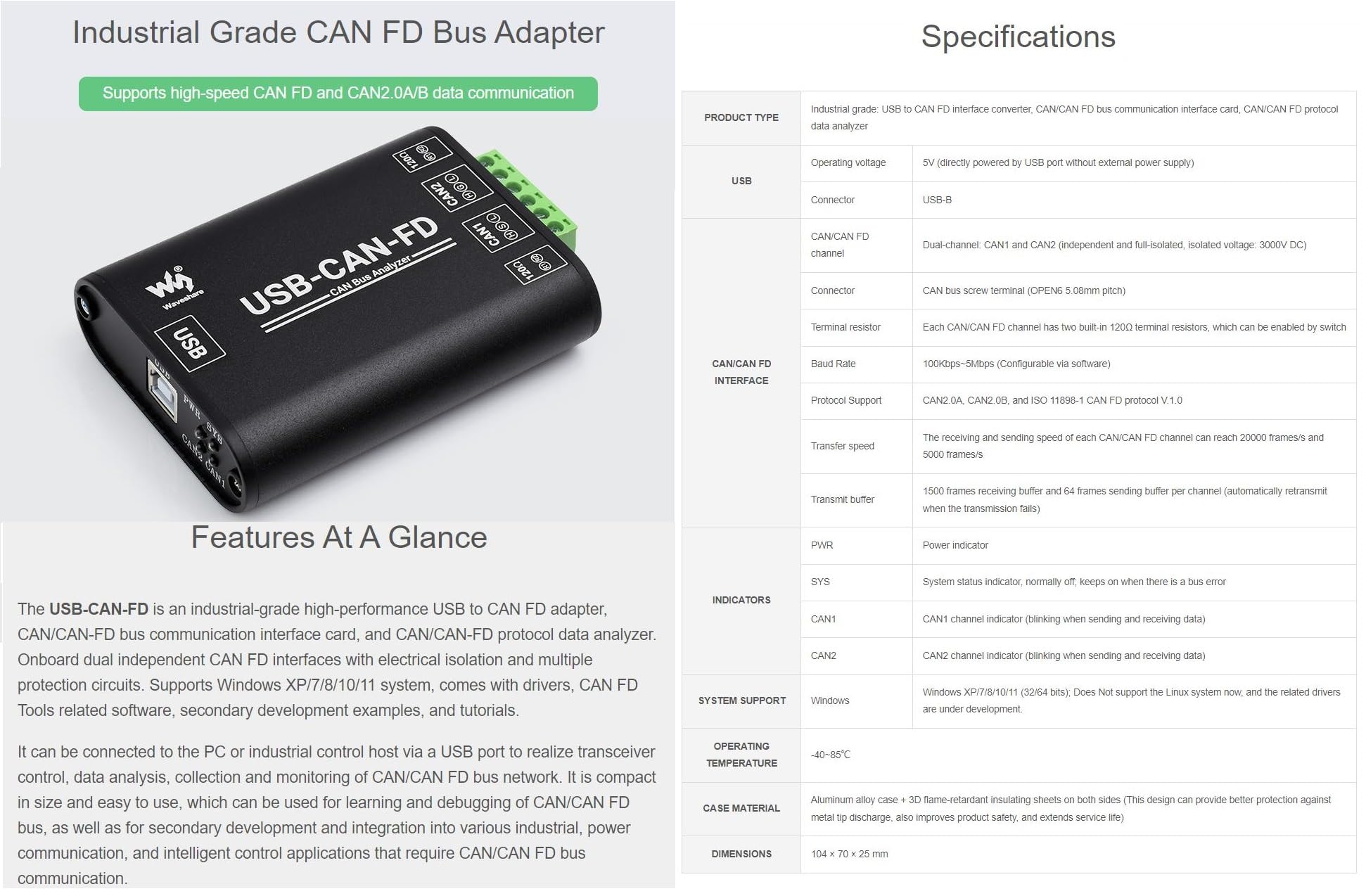 Industrial Grade CAN/CAN FD Bus Data Analyzer & USB to CAN FD Adapter - High Speed CAN Bus Communication Interface Card with Protocol Analysis - Perfect for Automotive Diagnostics, Industrial Automation & Embedded System Development (USB-CAN-FD)