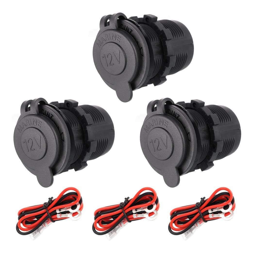 12V Waterproof Cigarette Lighter Socket - 3 Pack with Fuse & Wire for Car, Boat, ATV, RV, Marine & Motorcycle - Power Outlet Receptacle Plug for Charging Devices On The Go