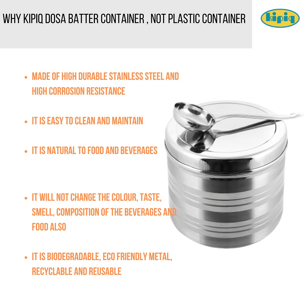 Kipiq Stainless Steel Idli Dosa Batter Container with Ladle - 4.5L Fridge Storage Container for Indian Cooking (Silver) | Perfect for Meal Prep & Kitchen Organization