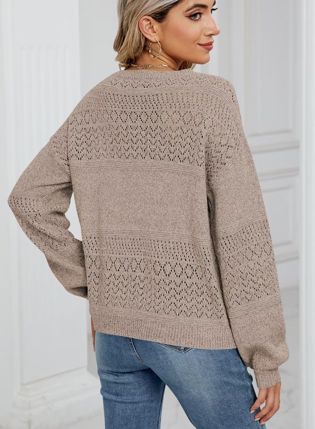 FEKOAFE Women's V-Neck Long Sleeve Hollow Knit Sweater - 2025 Fall Fashion Pullover for Women | Casual Office Wear & Autumn Layering