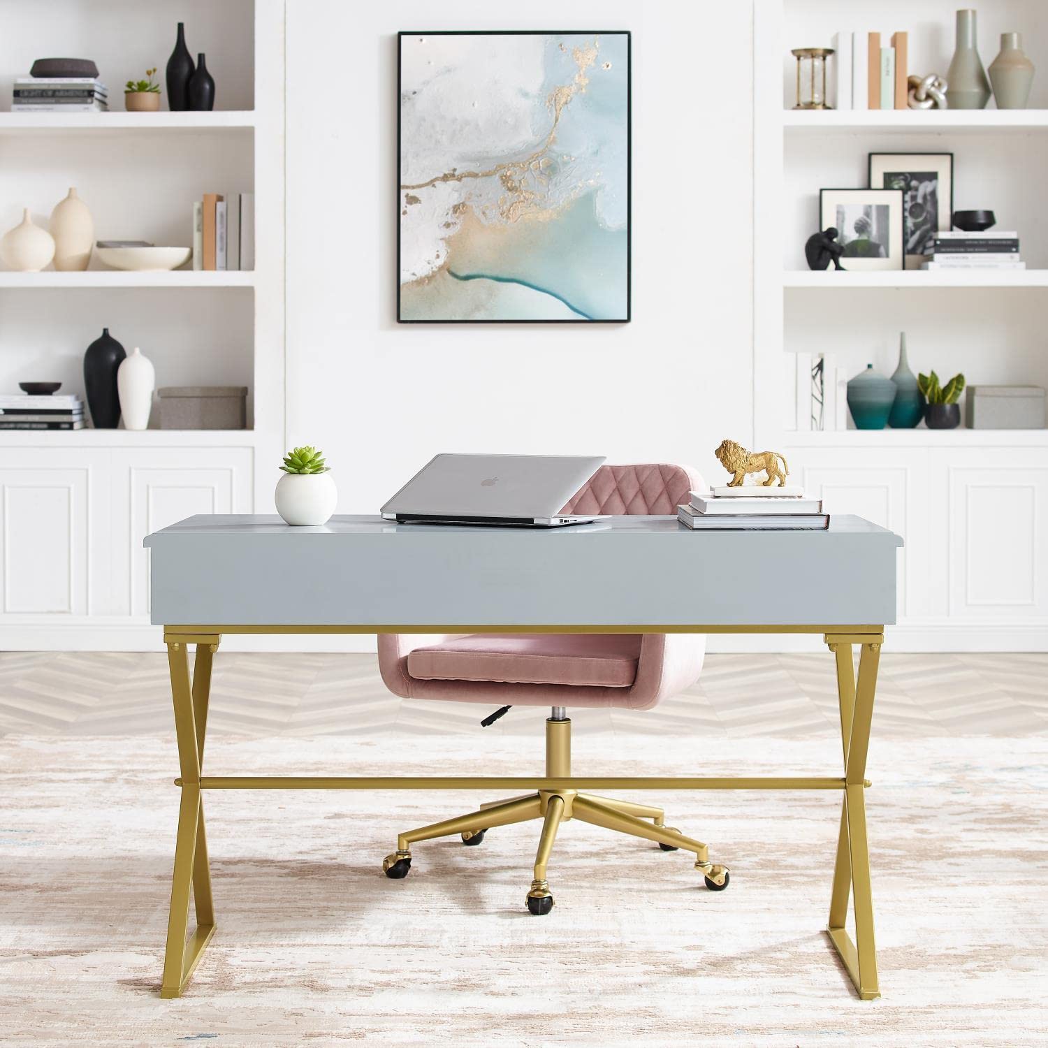 Linon Campaign 2-Drawer Writing Desk in Grey - Compact Home Office Furniture for Small Spaces, Study & Workstation Use