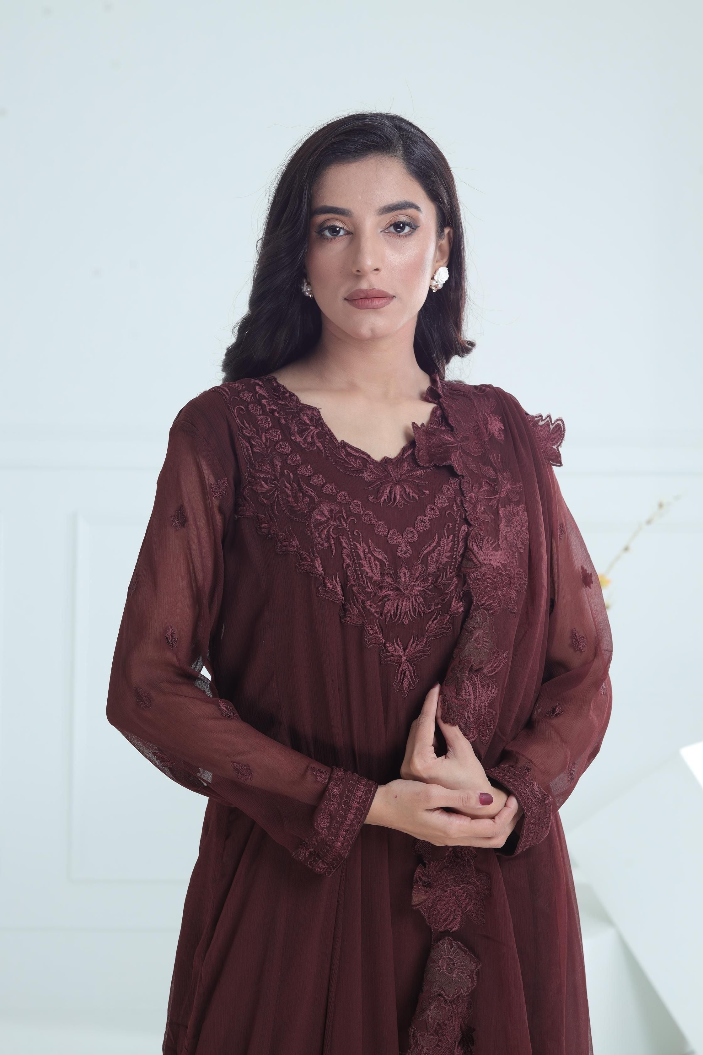 Elegant Chiffon Brown Stitched Suit for Women | Stonez | Perfect for Weddings, Parties & Formal Occasions