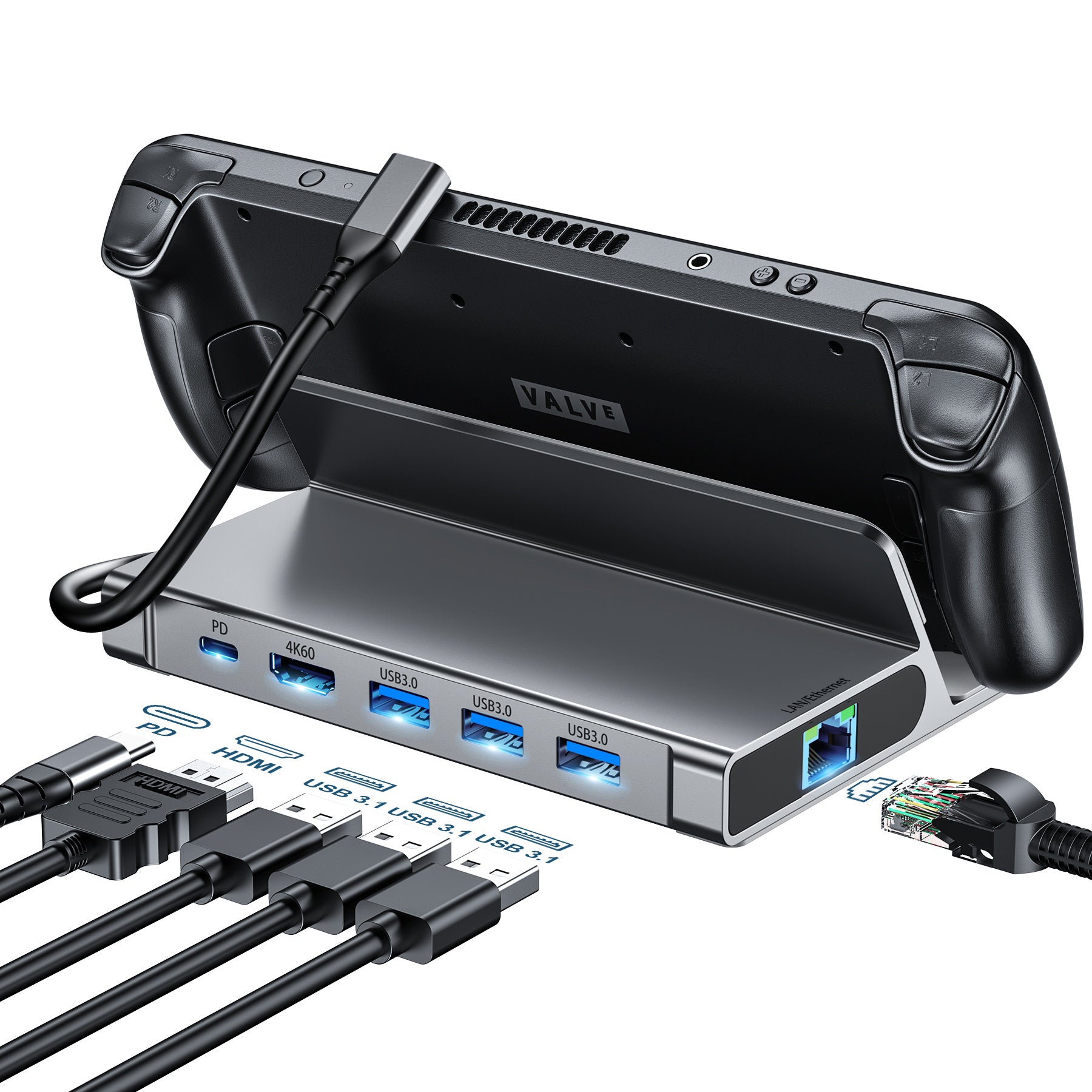 Choetech 6-in-1 USB C Hub with 4K HDMI, 3 USB 3.0 Ports, Gigabit Ethernet & 100W PD - Universal Docking Station for Steam Deck, MacBook, Laptop - Perfect for Gaming, Work & Home Office Setup