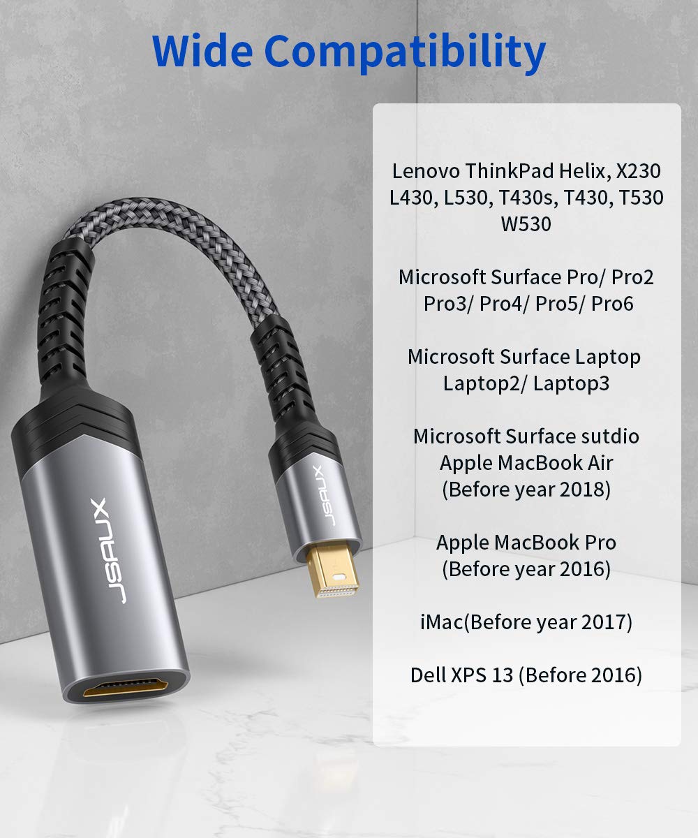 JSAUX Mini DisplayPort to HDMI Adapter - Aluminum Shell with Nylon Braided Cable for MacBook Pro/Air, Surface Pro, Monitors & Projectors | 4K Video Output | Home Theater & Office Setup (Grey)