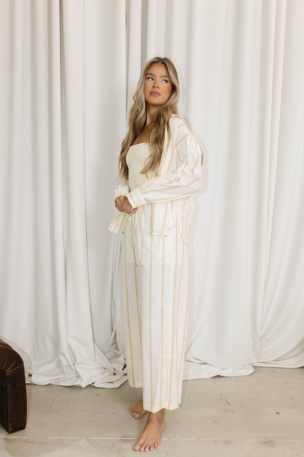 Sicily Button Down Nursing Top in Beige Stripe - Comfortable Maternity Shirt for Breastfeeding Moms | Perfect for Work, Casual Outings & Mother-Baby Bonding Time